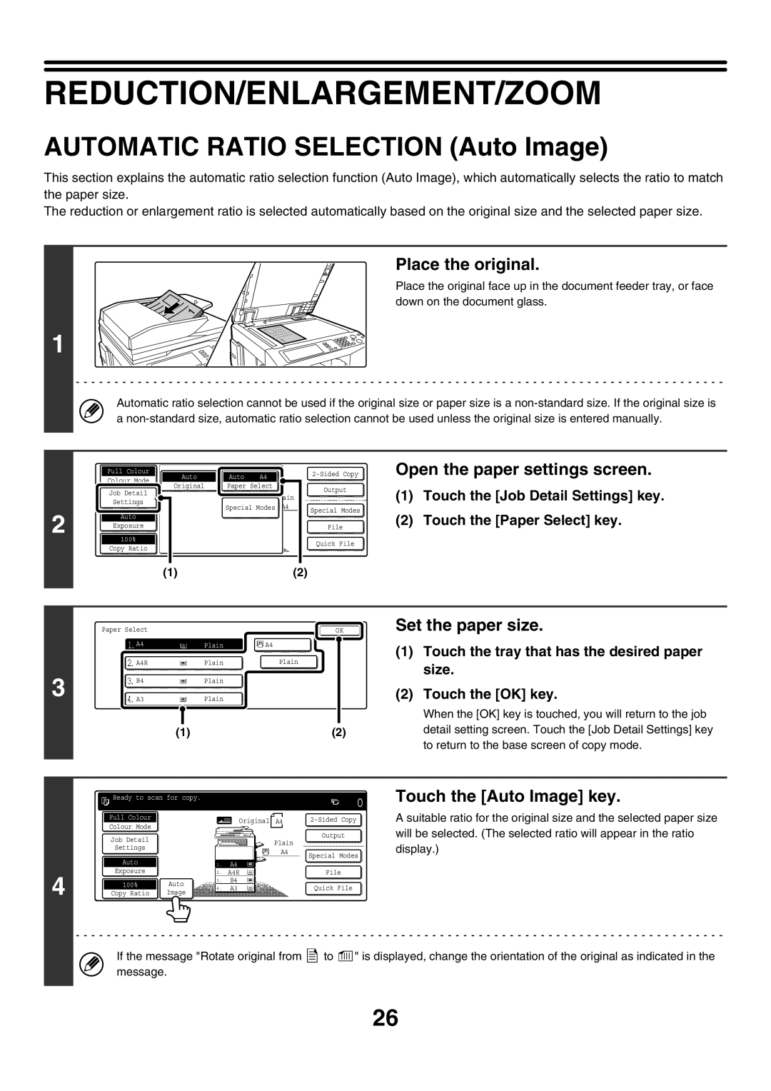 Sharp MX-3501N Reduction/Enlargement/Zoom, Open the paper settings screen, Set the paper size, Touch the Auto Image key 