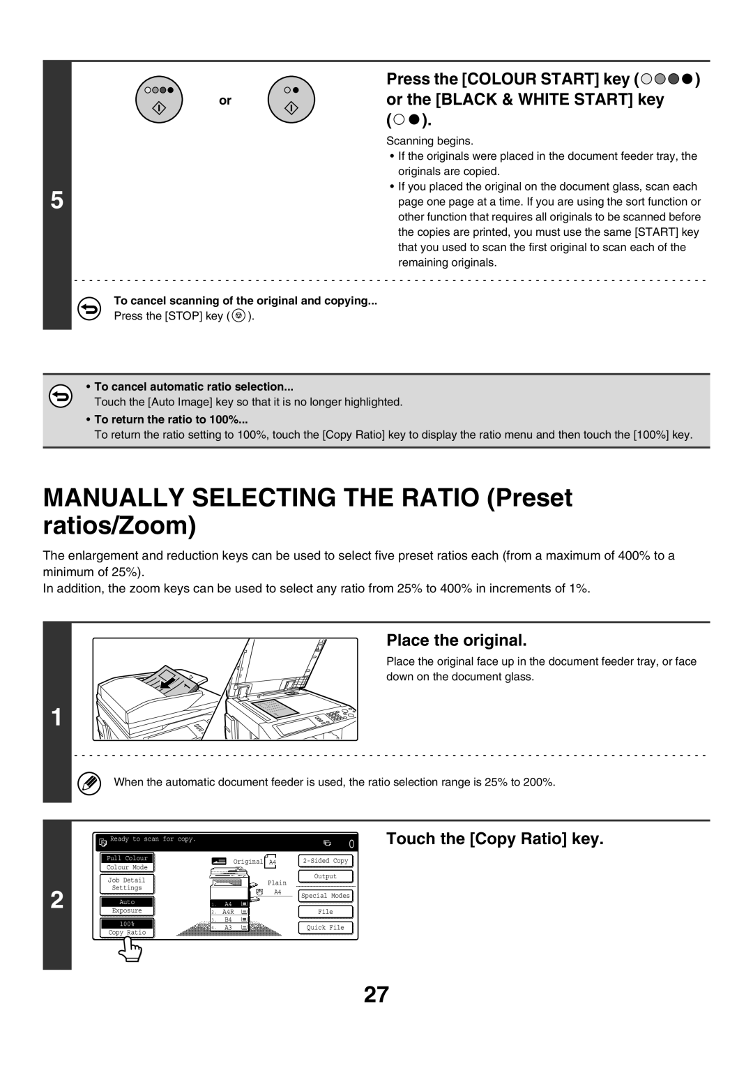 Sharp MX-2300N, MX-4501N manual Touch the Copy Ratio key, To cancel automatic ratio selection, To return the ratio to 100% 