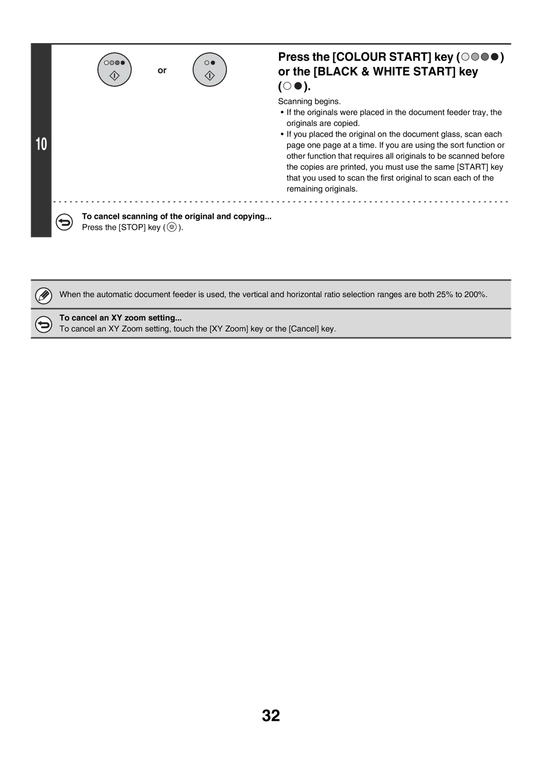 Sharp MX-2700N, MX-4501N, MX-2300G Press the Colour Start key Or the Black & White Start key, To cancel an XY zoom setting 