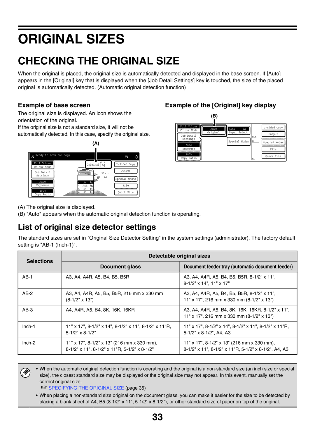 Sharp MX-2300G, MX-4501N, MX-2700N manual Original Sizes, Checking the Original Size, List of original size detector settings 