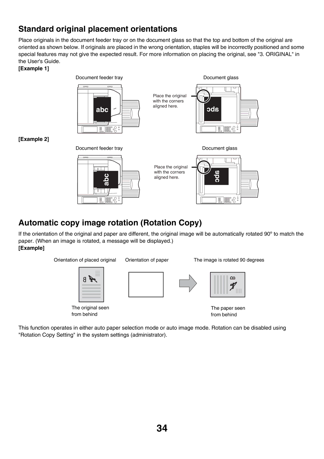 Sharp MX-3501N, MX-4501N Standard original placement orientations, Automatic copy image rotation Rotation Copy, Example 