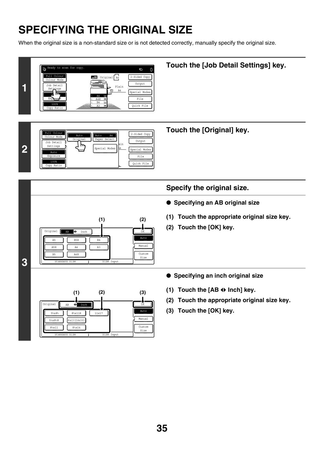 Sharp MX-2300N, MX-4501N, MX-2700N Specifying the Original Size, Touch the Job Detail Settings key, Touch the Original key 