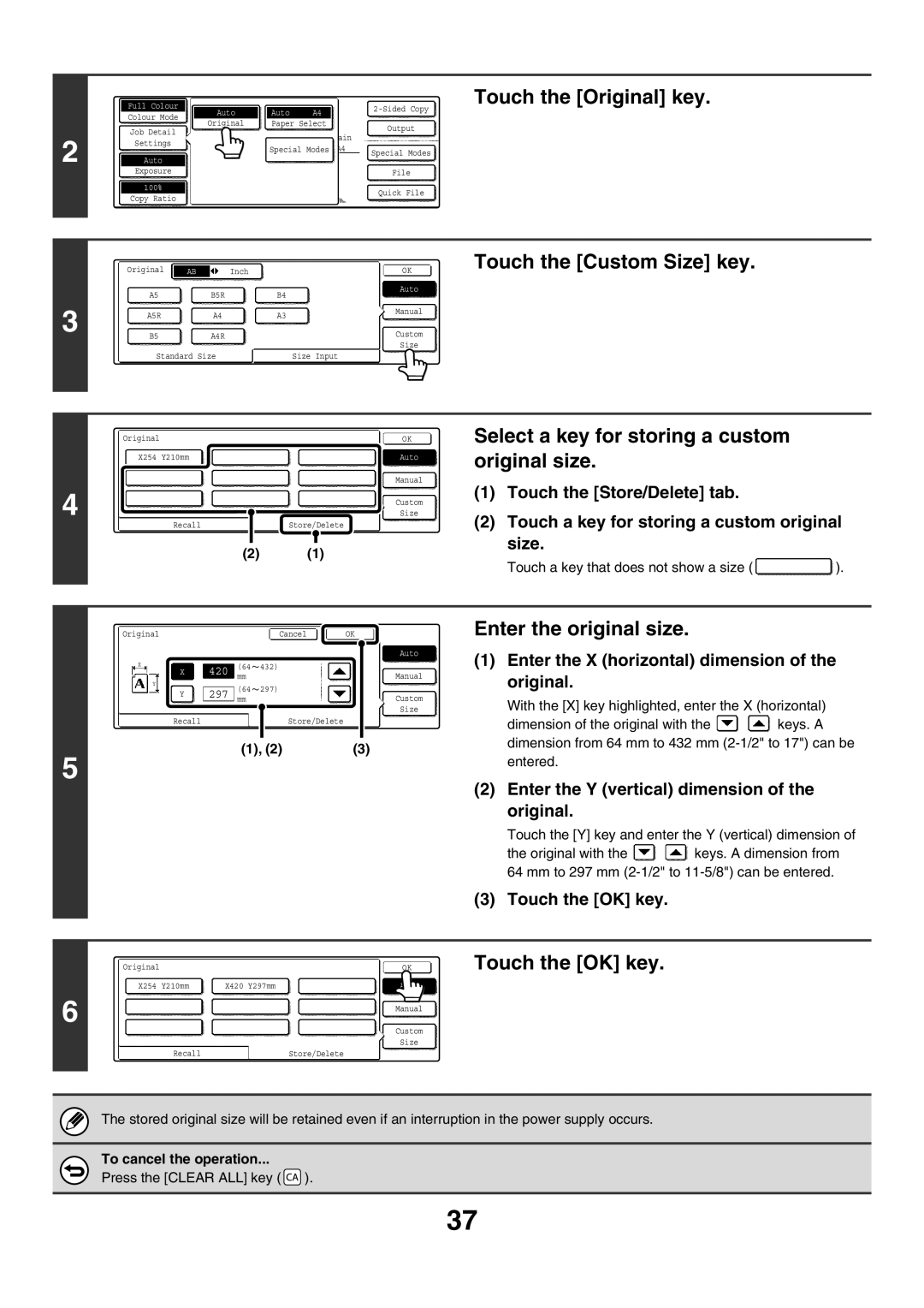 Sharp MX-3500N manual Touch the Custom Size key, Select a key for storing a custom original size, Enter the original size 