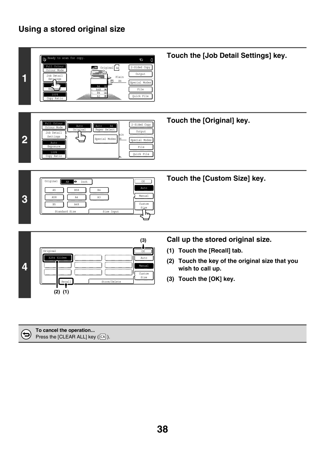 Sharp MX-4500N, MX-4501N, MX-2700N, MX-2300G, MX-3501N manual Using a stored original size, Call up the stored original size 