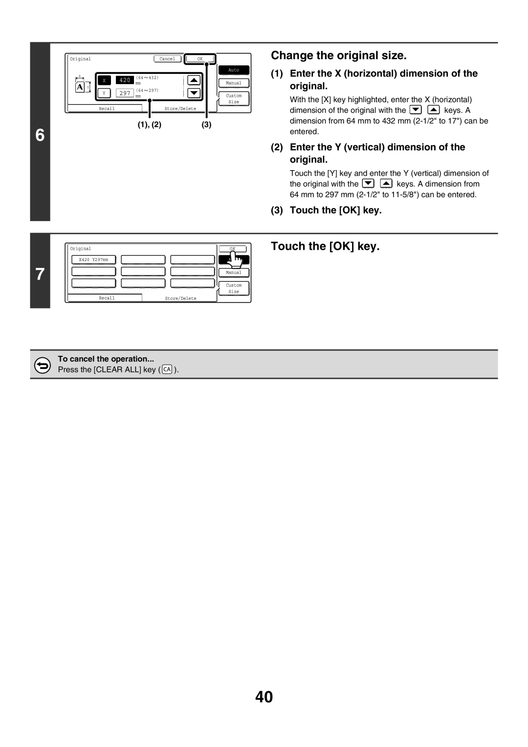 Sharp MX-2700N, MX-4501N, MX-2300G, MX-3501N manual Change the original size, Enter the X horizontal dimension of the original 