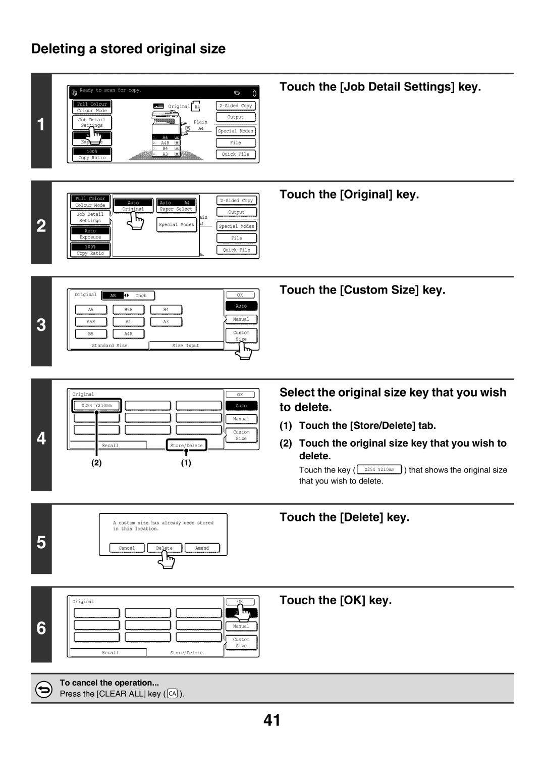 Sharp MX-2300G Deleting a stored original size, Select the original size key that you wish to delete, Touch the Delete key 