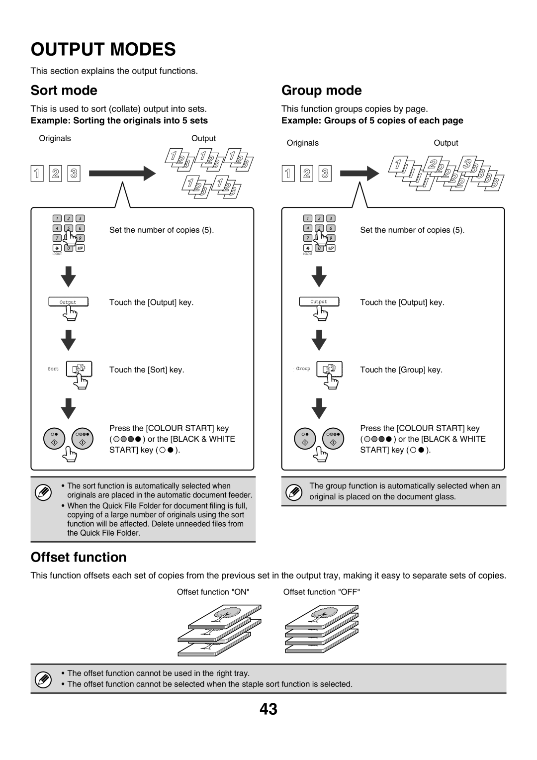 Sharp MX-2300N, MX-4501N, MX-2700N, MX-2300G, MX-3501N, MX-2700G, MX-3500N Output Modes, Sort mode, Group mode, Offset function 
