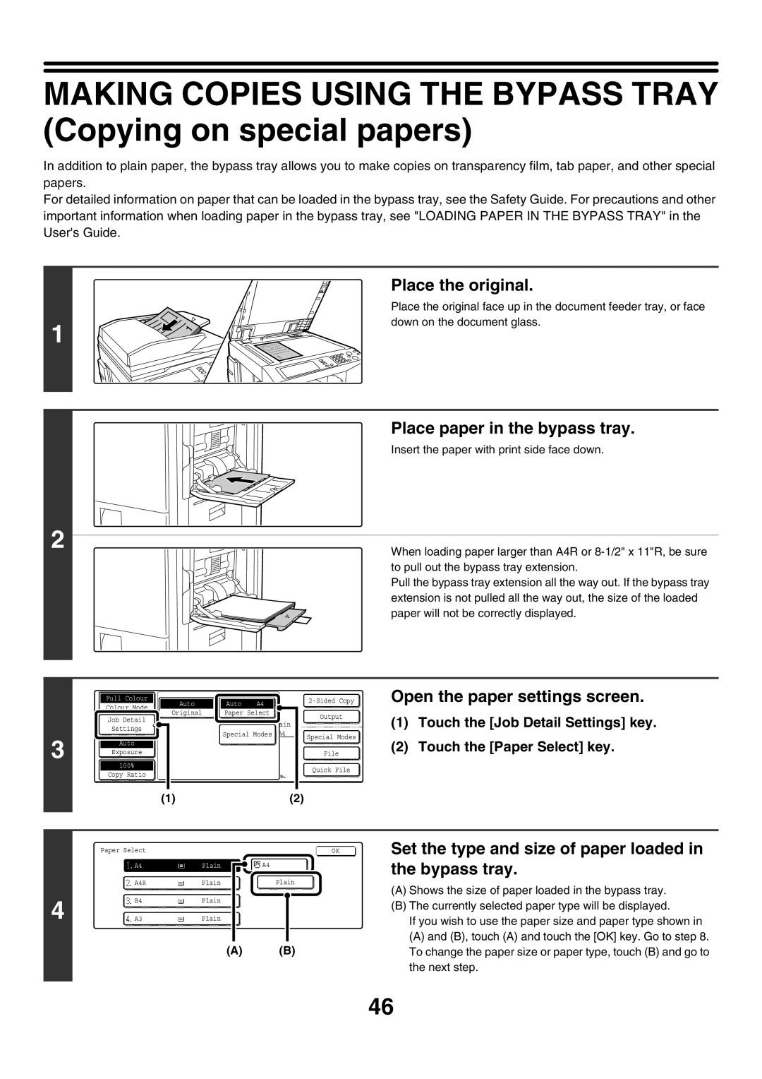 Sharp MX-4500N, MX-4501N, MX-2700N Place paper in the bypass tray, Set the type and size of paper loaded in the bypass tray 