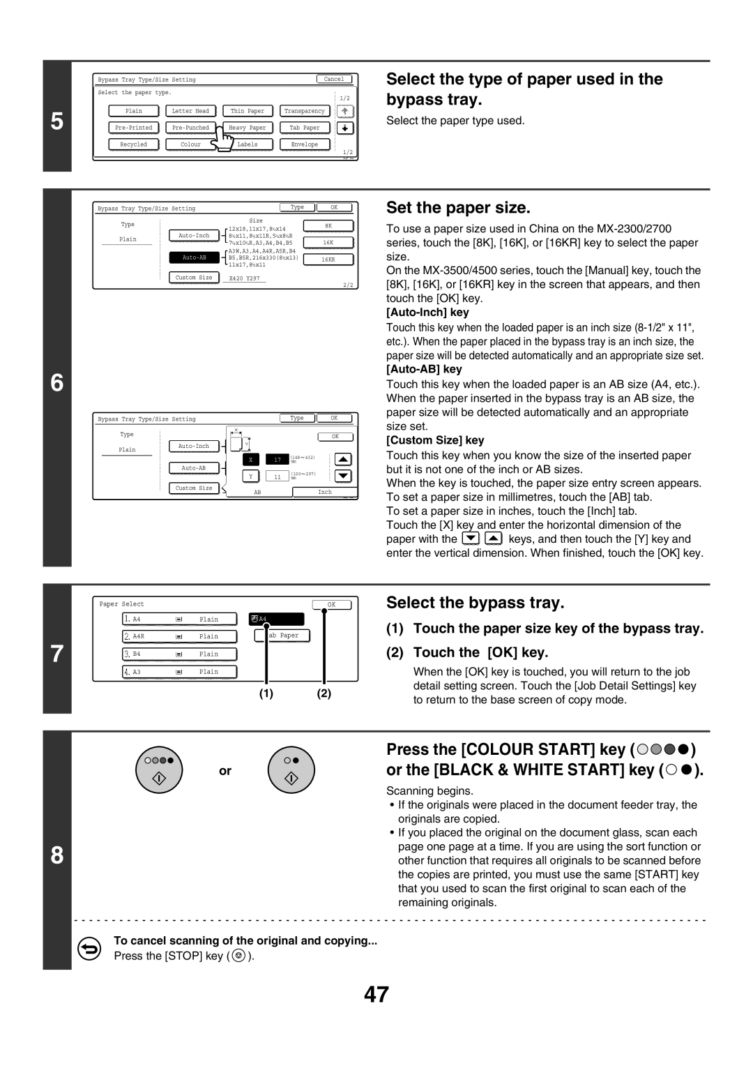 Sharp MX-4501N manual Select the type of paper used in the bypass tray, Select the bypass tray, Auto-Inch key, Auto-AB key 