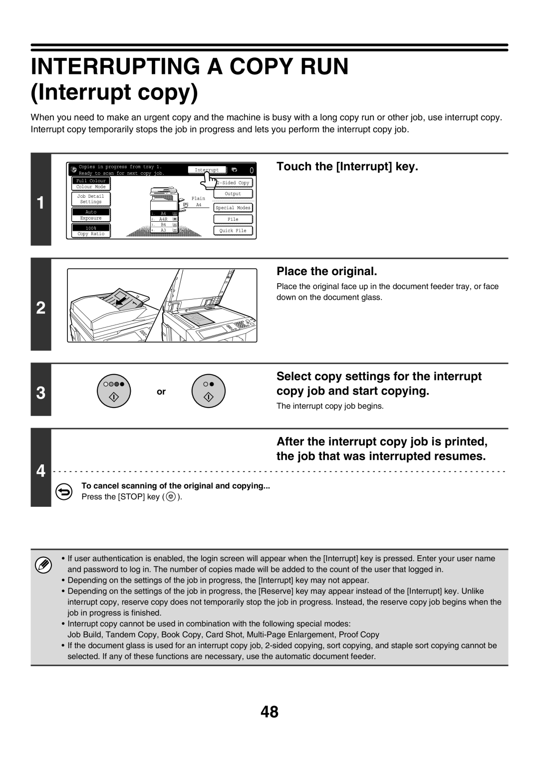 Sharp MX-2700N, MX-4501N, MX-2300G, MX-3501N, MX-2300N manual Interrupting a Copy RUN Interrupt copy, Touch the Interrupt key 