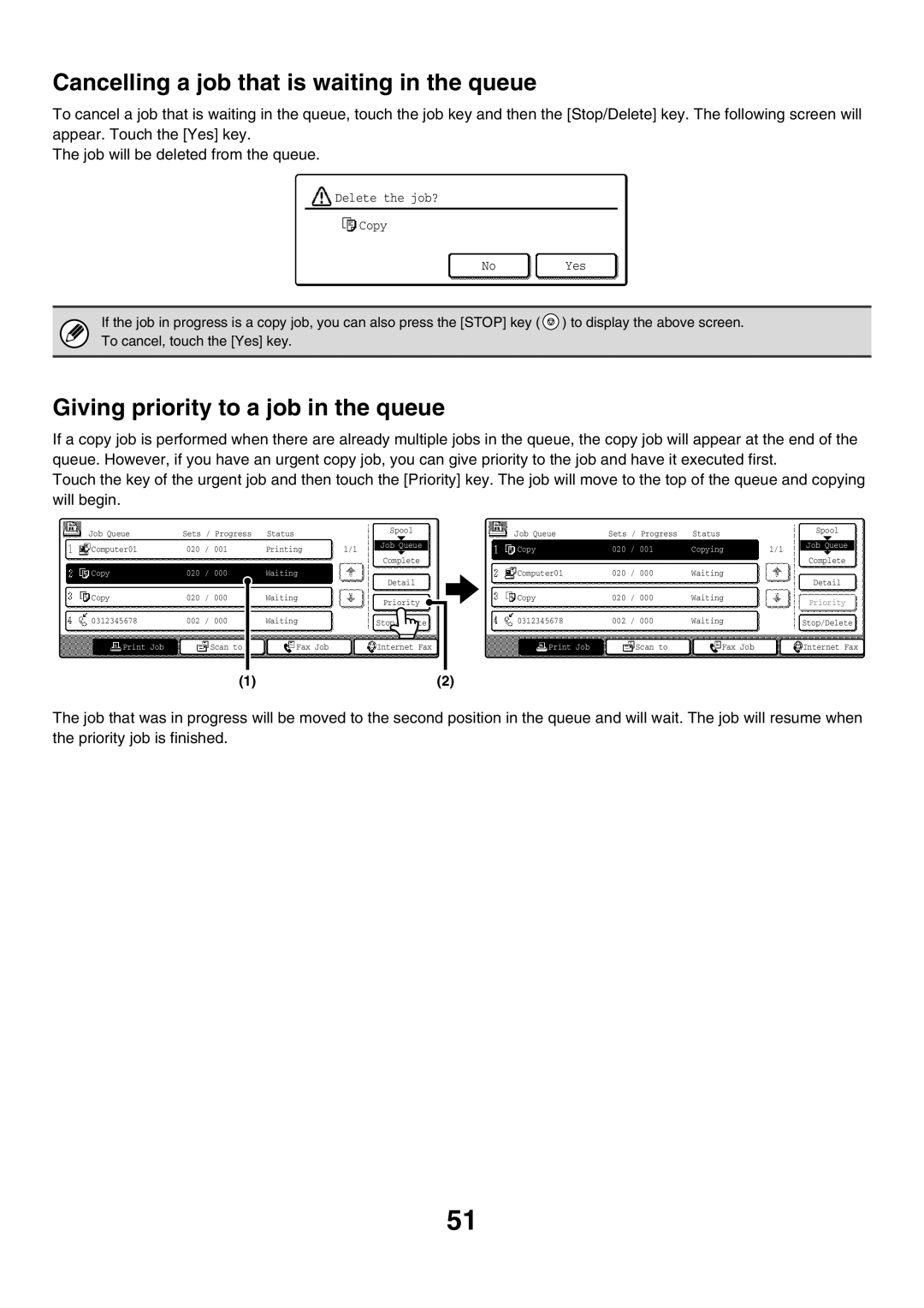 Sharp MX-2300N, MX-4501N, MX-2700N Cancelling a job that is waiting in the queue, Giving priority to a job in the queue 