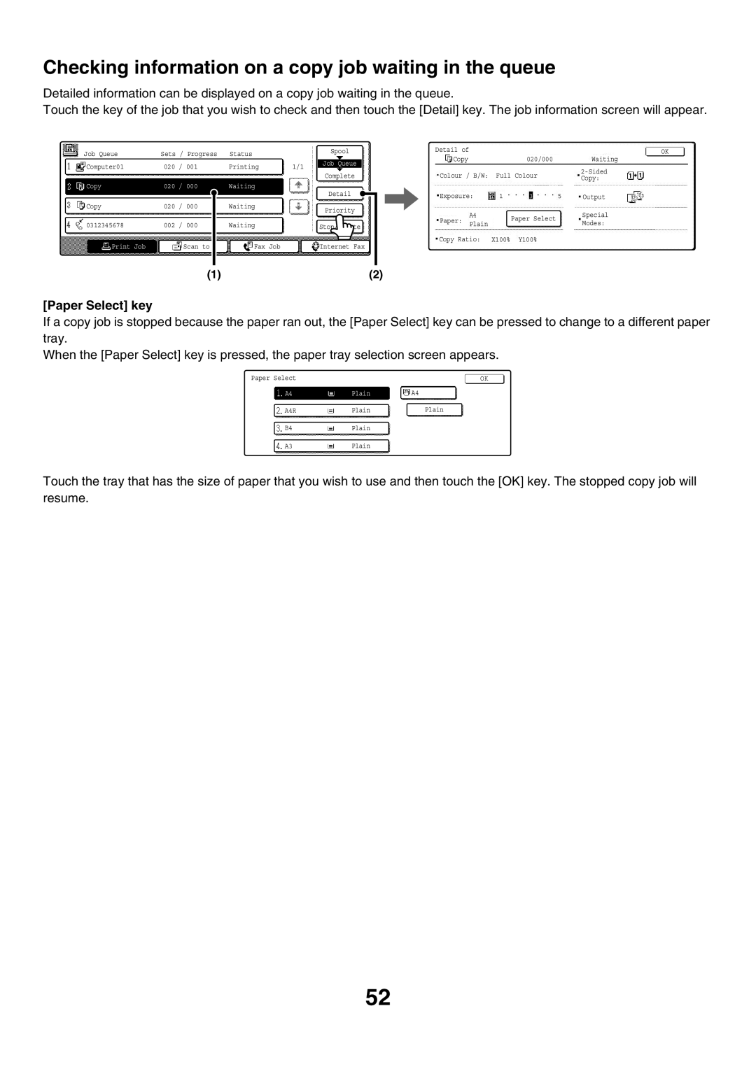 Sharp MX-2700G, MX-4501N, MX-2700N, MX-2300G manual Checking information on a copy job waiting in the queue, Paper Select key 