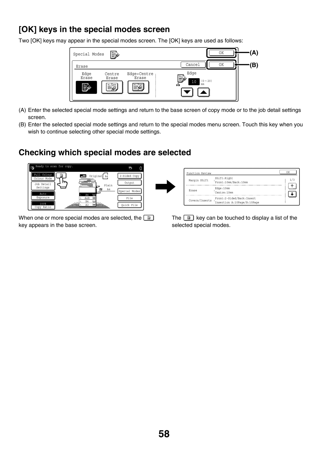 Sharp MX-3501N, MX-4501N, MX-2700N, MX-2300G OK keys in the special modes screen, Checking which special modes are selected 