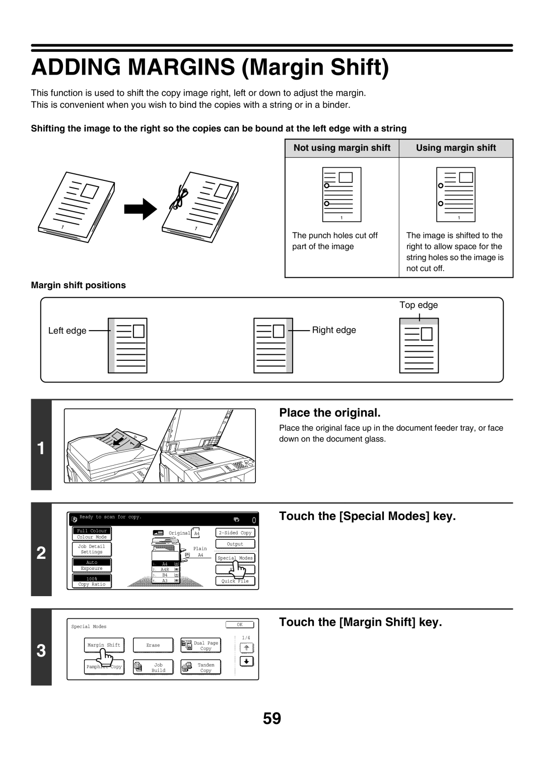 Sharp MX-2300N, MX-4501N, MX-2700N Adding Margins Margin Shift, Touch the Special Modes key, Touch the Margin Shift key 