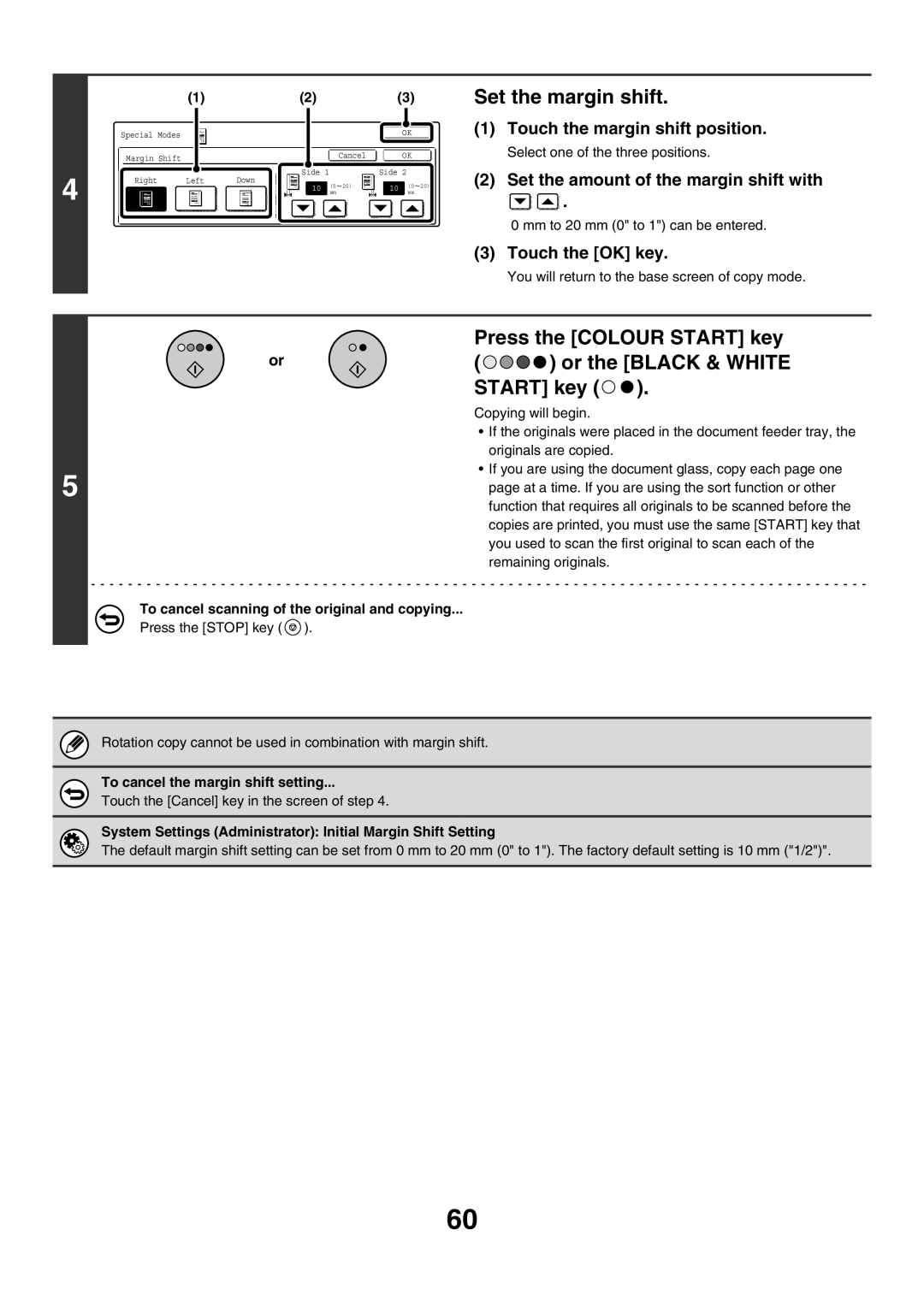 Sharp MX-2700G Set the margin shift, Press the Colour Start key Or the Black & White, Touch the margin shift position 