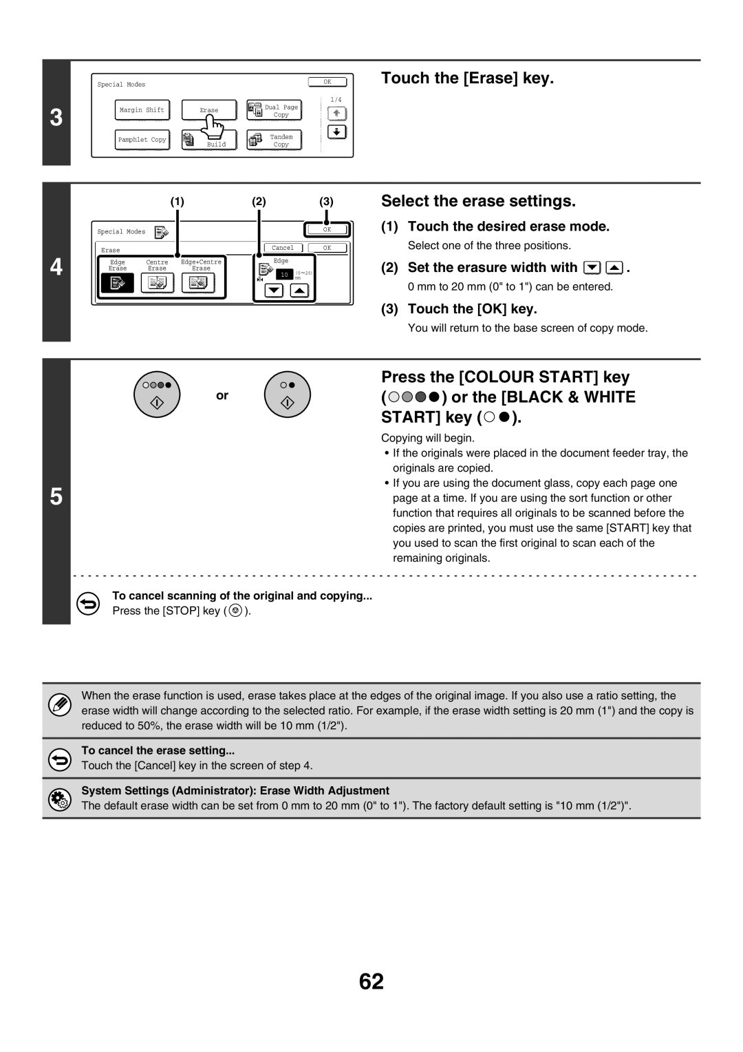 Sharp MX-4500N Touch the Erase key Select the erase settings, Touch the desired erase mode, Set the erasure width with 