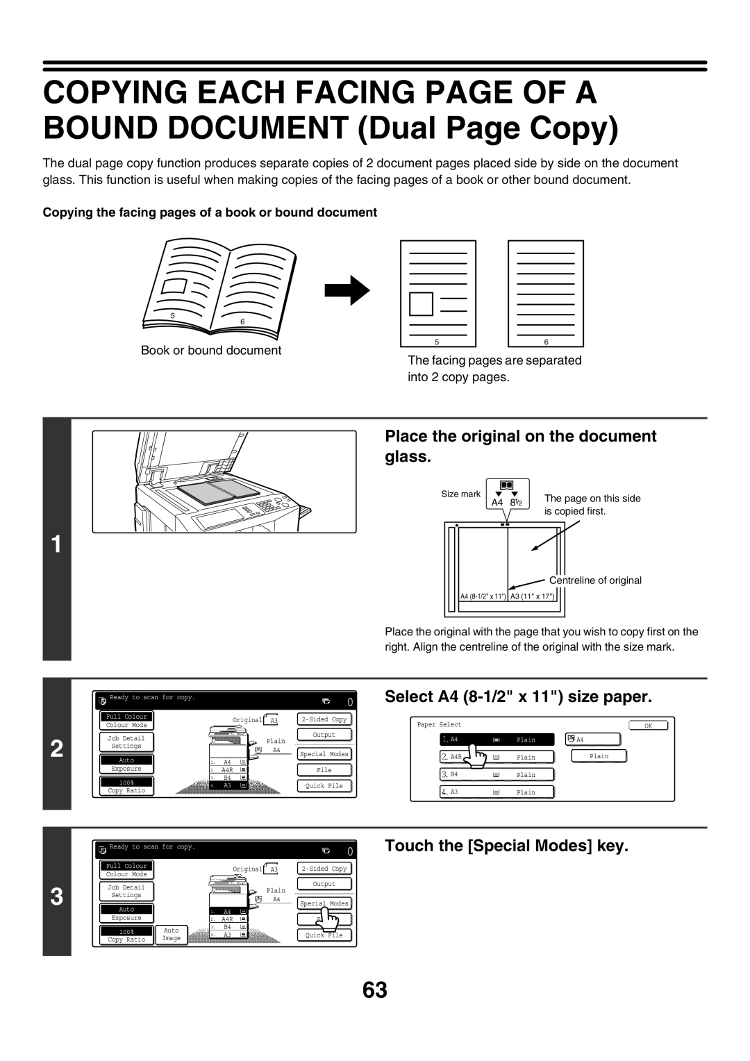 Sharp MX-4501N manual Copying Each Facing page of a Bound Document Dual Page Copy, Place the original on the document glass 