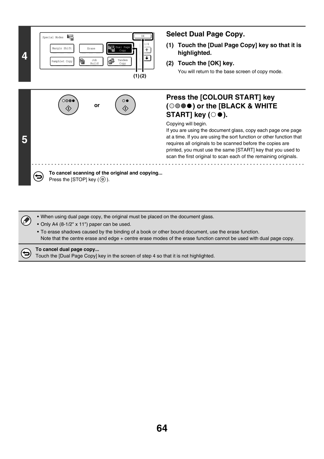 Sharp MX-2700N, MX-4501N, MX-2300G, MX-3501N, MX-2300N, MX-2700G, MX-3500N manual Select Dual Page Copy, To cancel dual page copy 