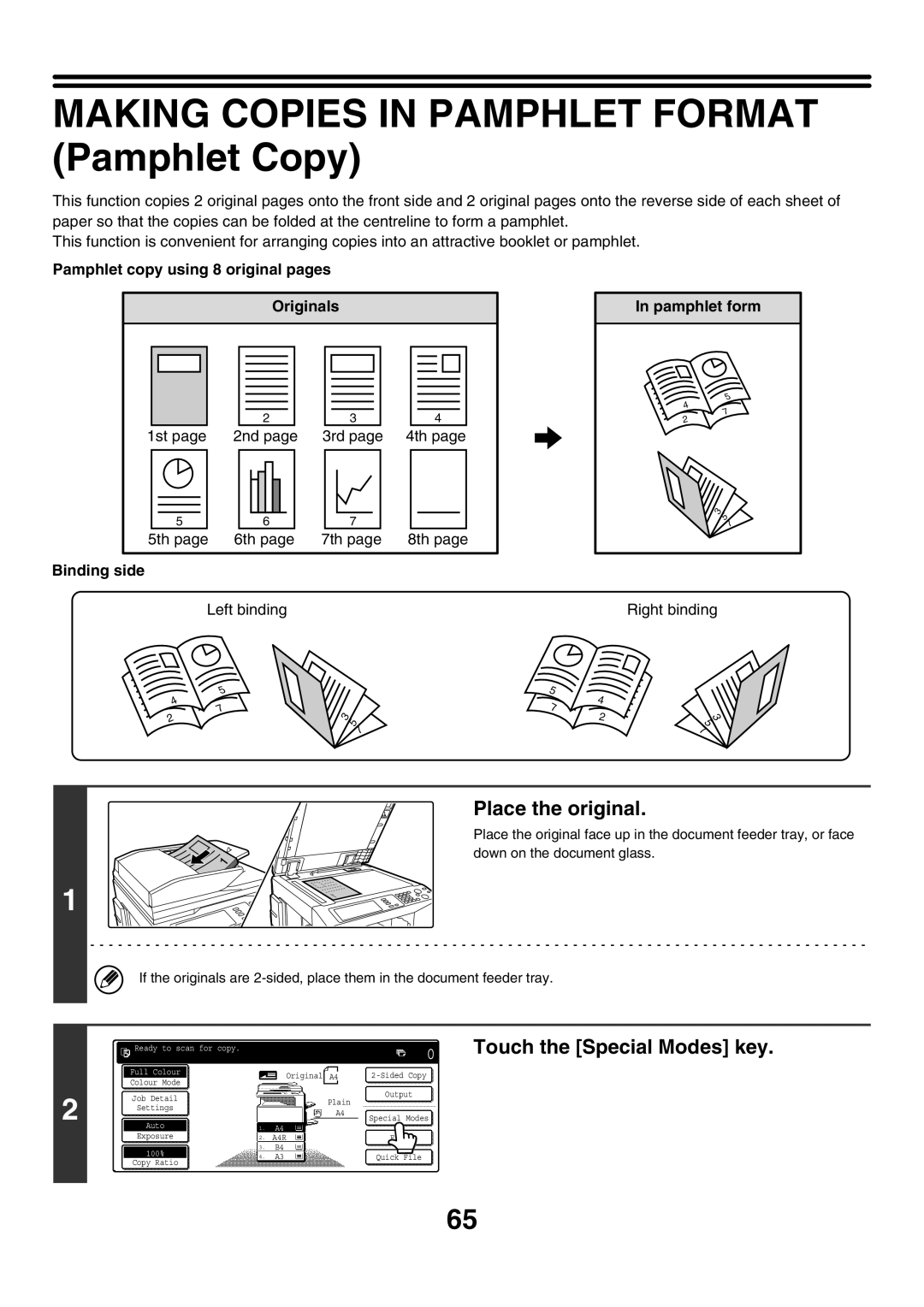 Sharp MX-2300G, MX-4501N, MX-2700N, MX-3501N, MX-2300N, MX-2700G Making Copies in Pamphlet Format Pamphlet Copy, Binding side 