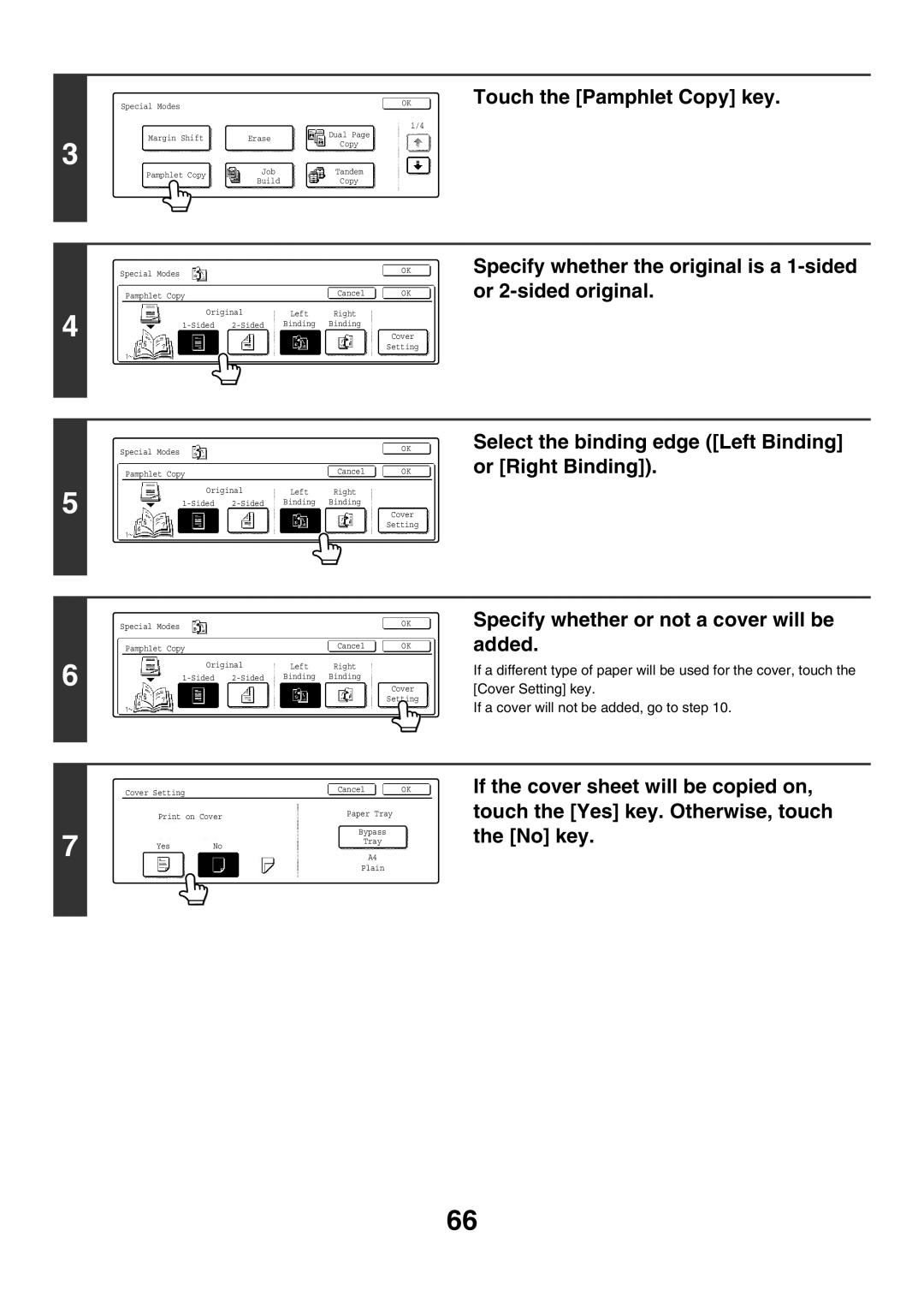 Sharp MX-3501N, MX-4501N, MX-2700N manual Touch the Pamphlet Copy key, Select the binding edge Left Binding or Right Binding 