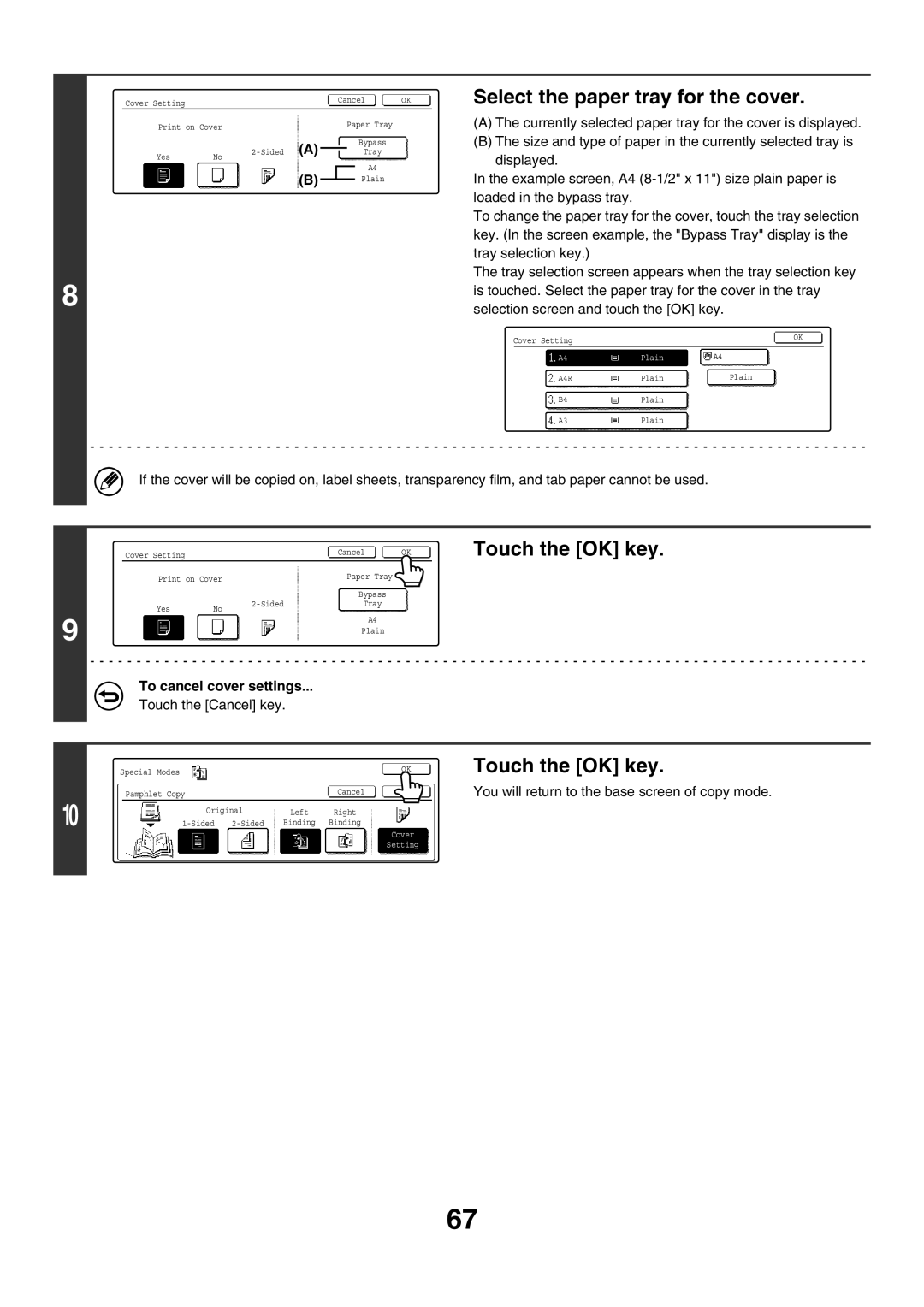 Sharp MX-2300N, MX-4501N, MX-2700N, MX-2300G, MX-3501N, MX-2700G Select the paper tray for the cover, To cancel cover settings 