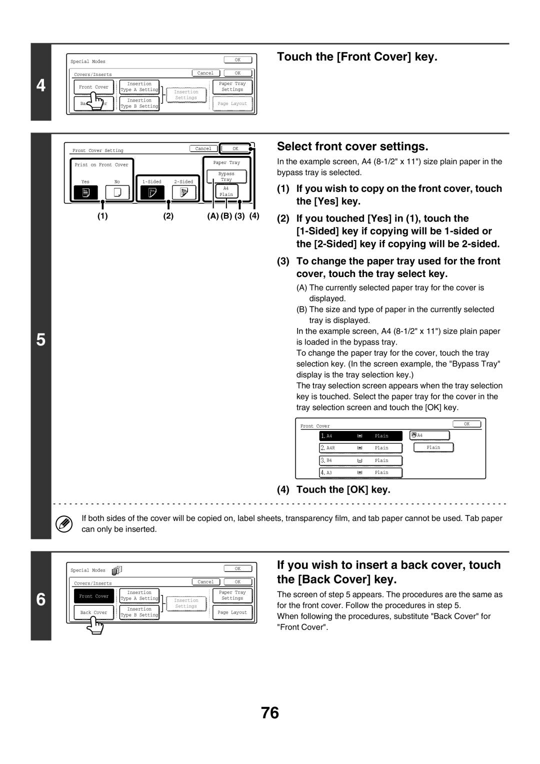 Sharp MX-2700G, MX-4501N, MX-2700N, MX-2300G, MX-3501N, MX-2300N manual Touch the Front Cover key, Select front cover settings 