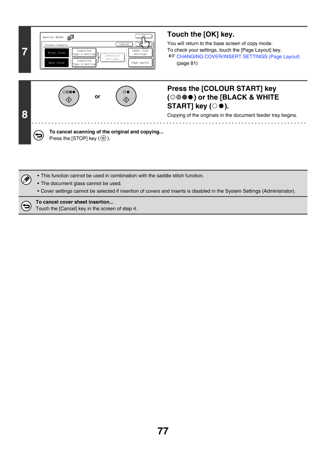 Sharp MX-3500N, MX-4501N, MX-2700N, MX-2300G, MX-3501N, MX-2300N, MX-2700G Touch the OK key, To cancel cover sheet insertion 