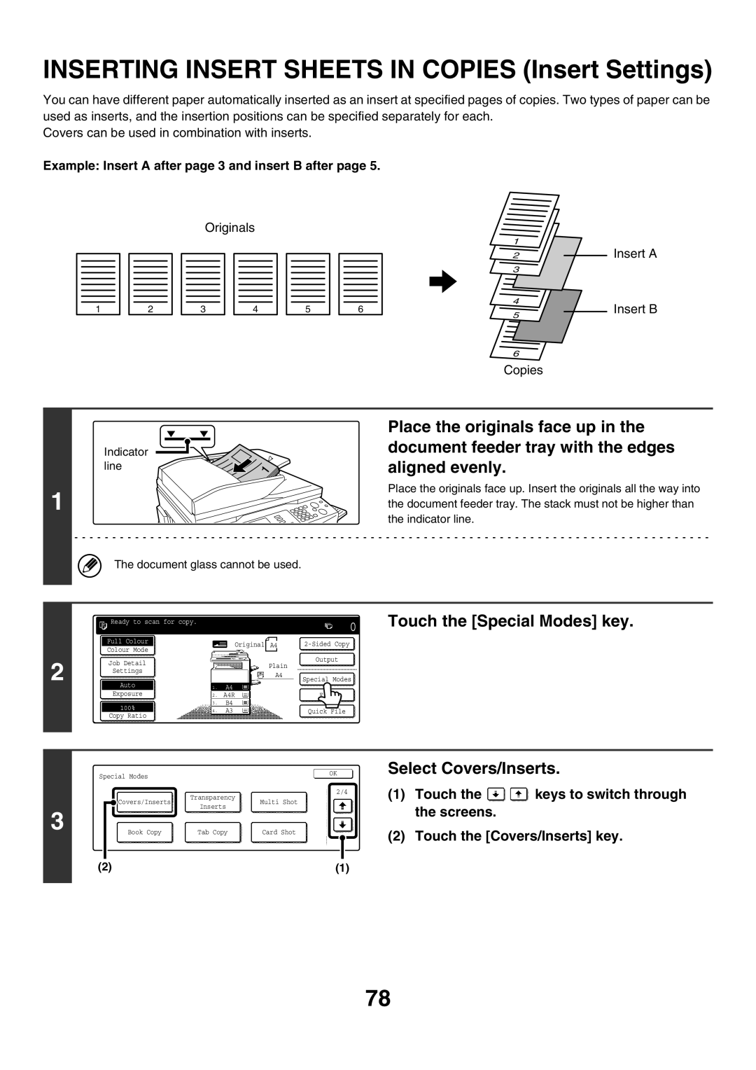 Sharp MX-4500N manual Inserting Insert Sheets in Copies Insert Settings, Example Insert a after page 3 and insert B after 