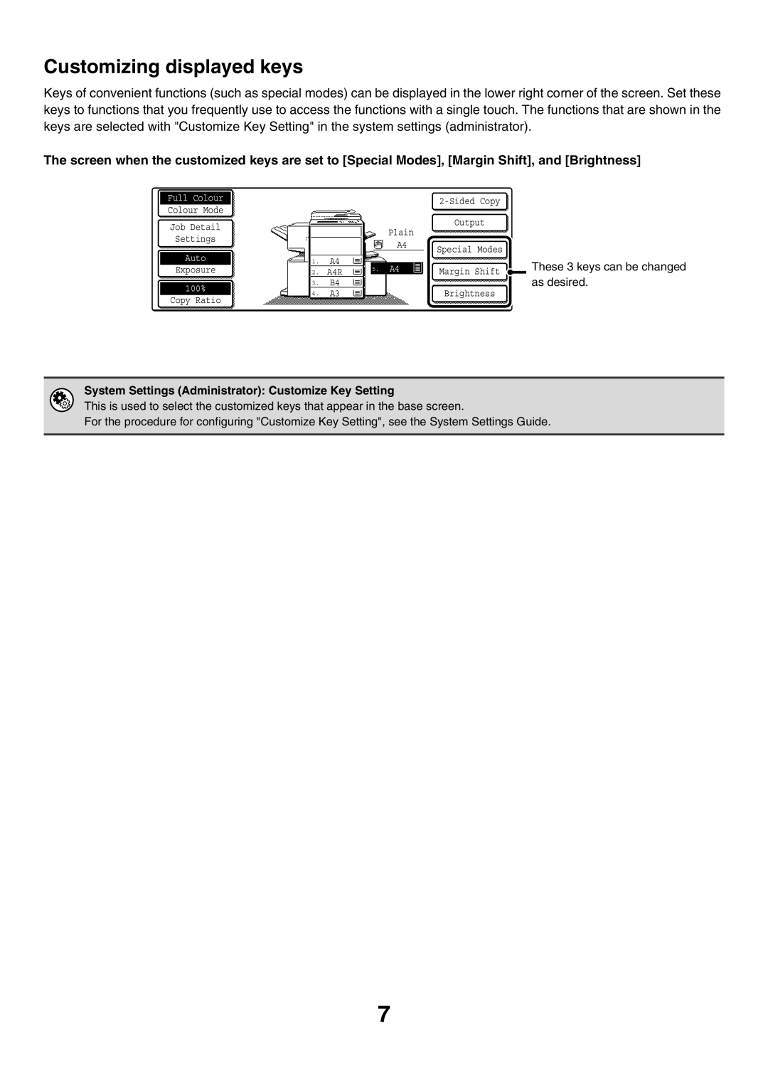 Sharp MX-4501N, MX-2700N, MX-2300G, MX-3501N Customizing displayed keys, System Settings Administrator Customize Key Setting 