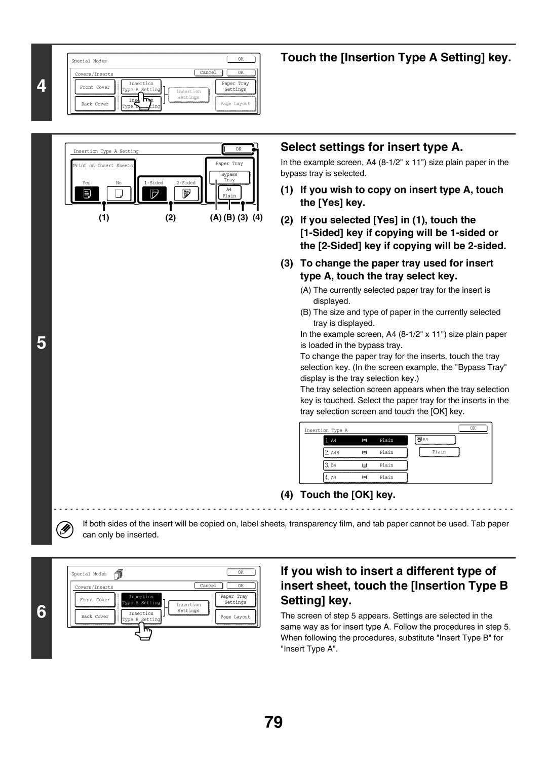 Sharp MX-4501N, MX-2700N, MX-2300G, MX-3501N manual Touch the Insertion Type a Setting key, Select settings for insert type a 