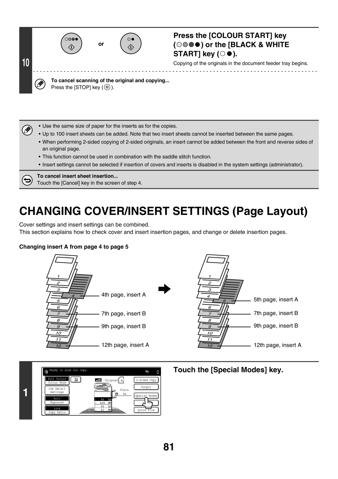 Sharp MX-2300G, MX-4501N, MX-2700N, MX-3501N, MX-2300N Changing insert a from page 4 to, To cancel insert sheet insertion 