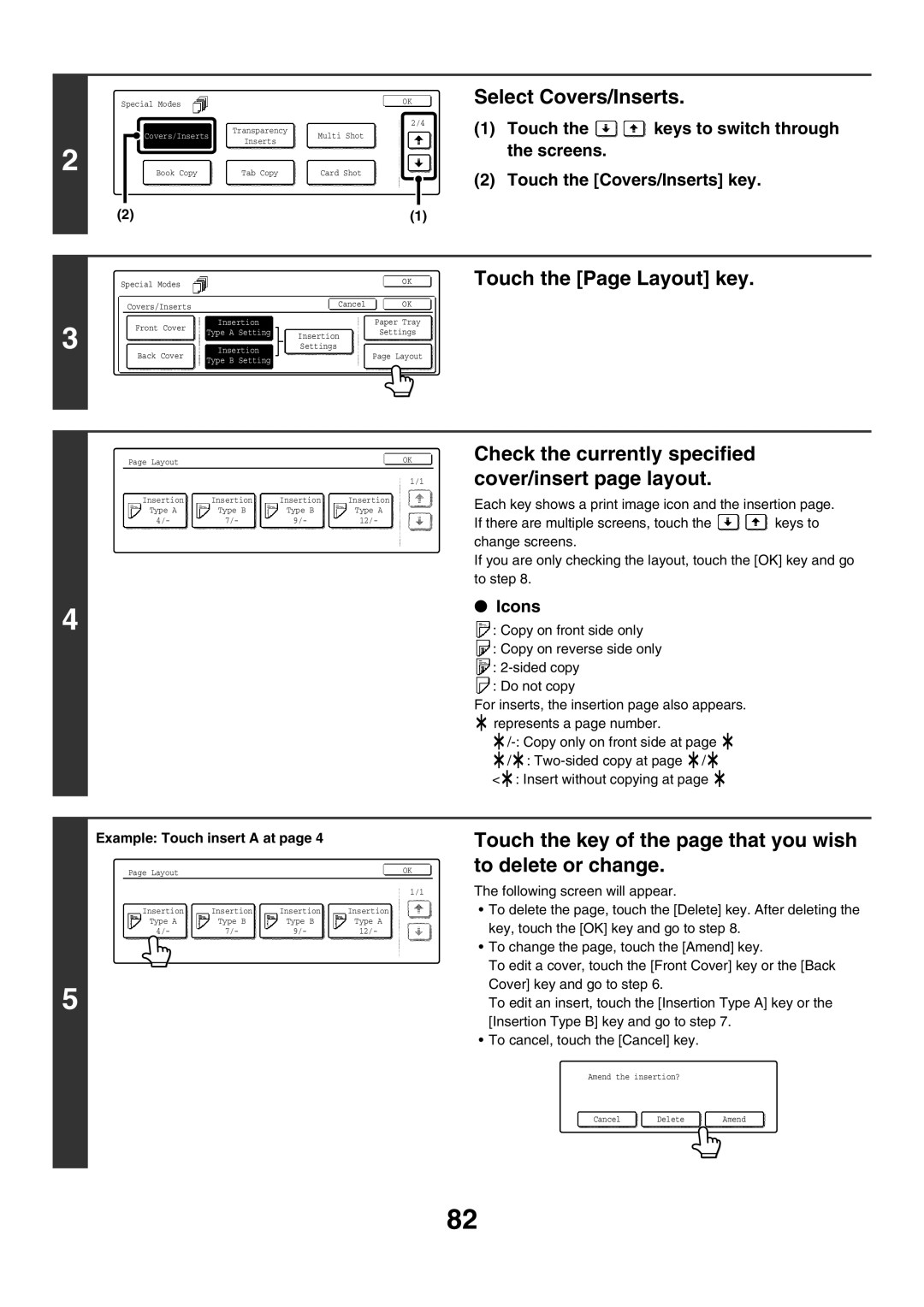 Sharp MX-3501N, MX-4501N, MX-2700N Touch the Page Layout key, Check the currently specified cover/insert page layout, Icons 