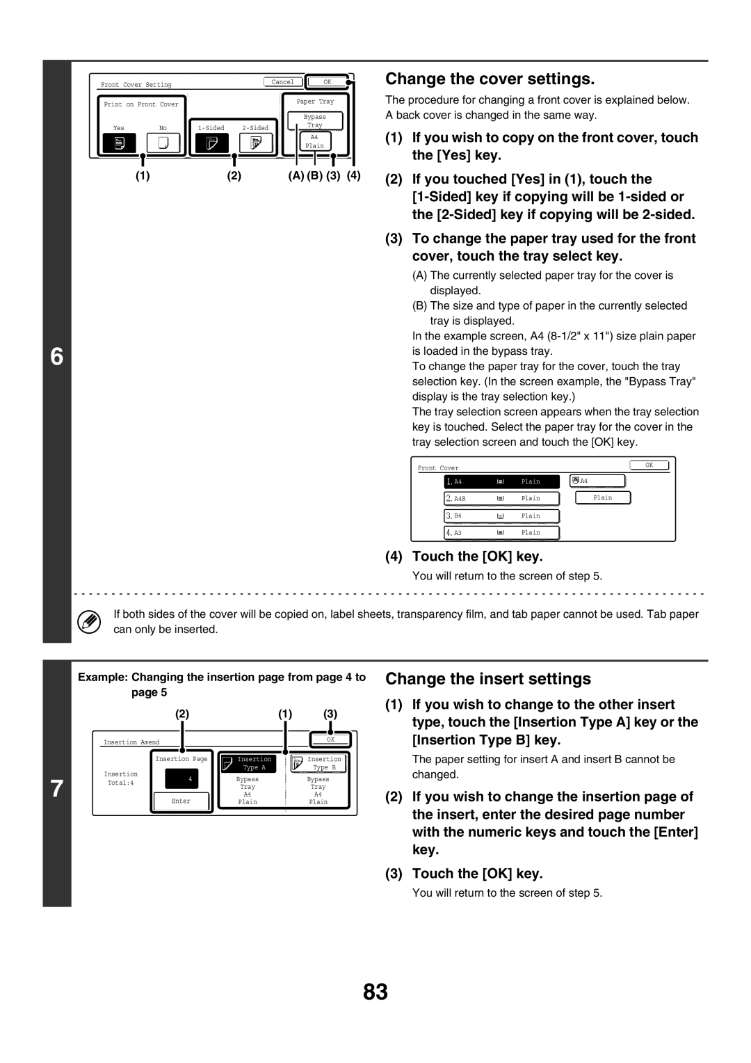 Sharp MX-2300N, MX-4501N, MX-2700N, MX-2300G, MX-3501N, MX-2700G manual Change the cover settings, Change the insert settings 