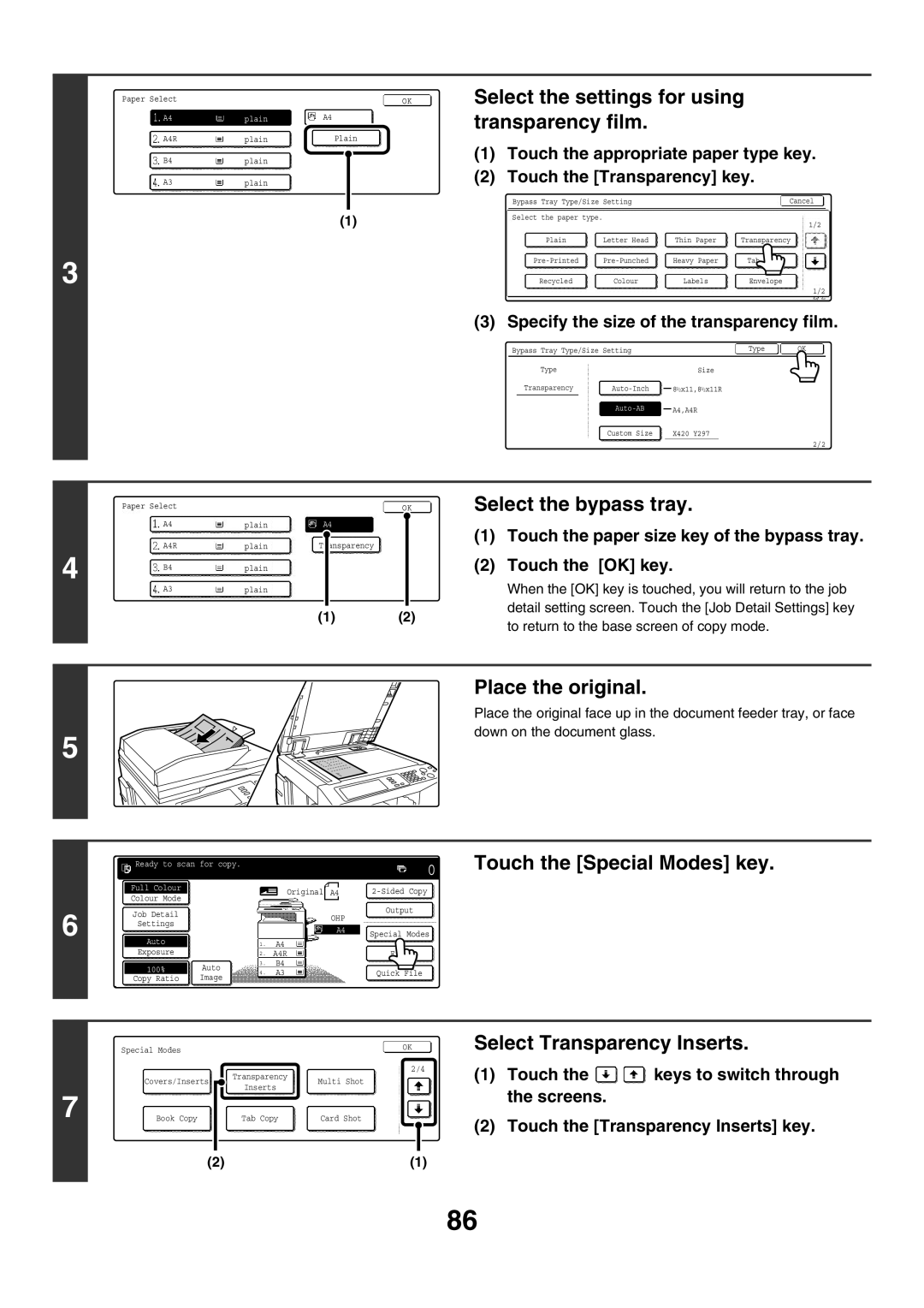 Sharp MX-4500N, MX-4501N, MX-2700N, MX-2300G Select the settings for using transparency film, Select Transparency Inserts 