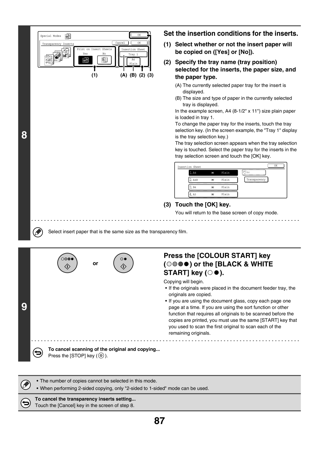 Sharp MX-4501N, MX-2700N, MX-2300G Set the insertion conditions for the inserts, To cancel the transparency inserts setting 