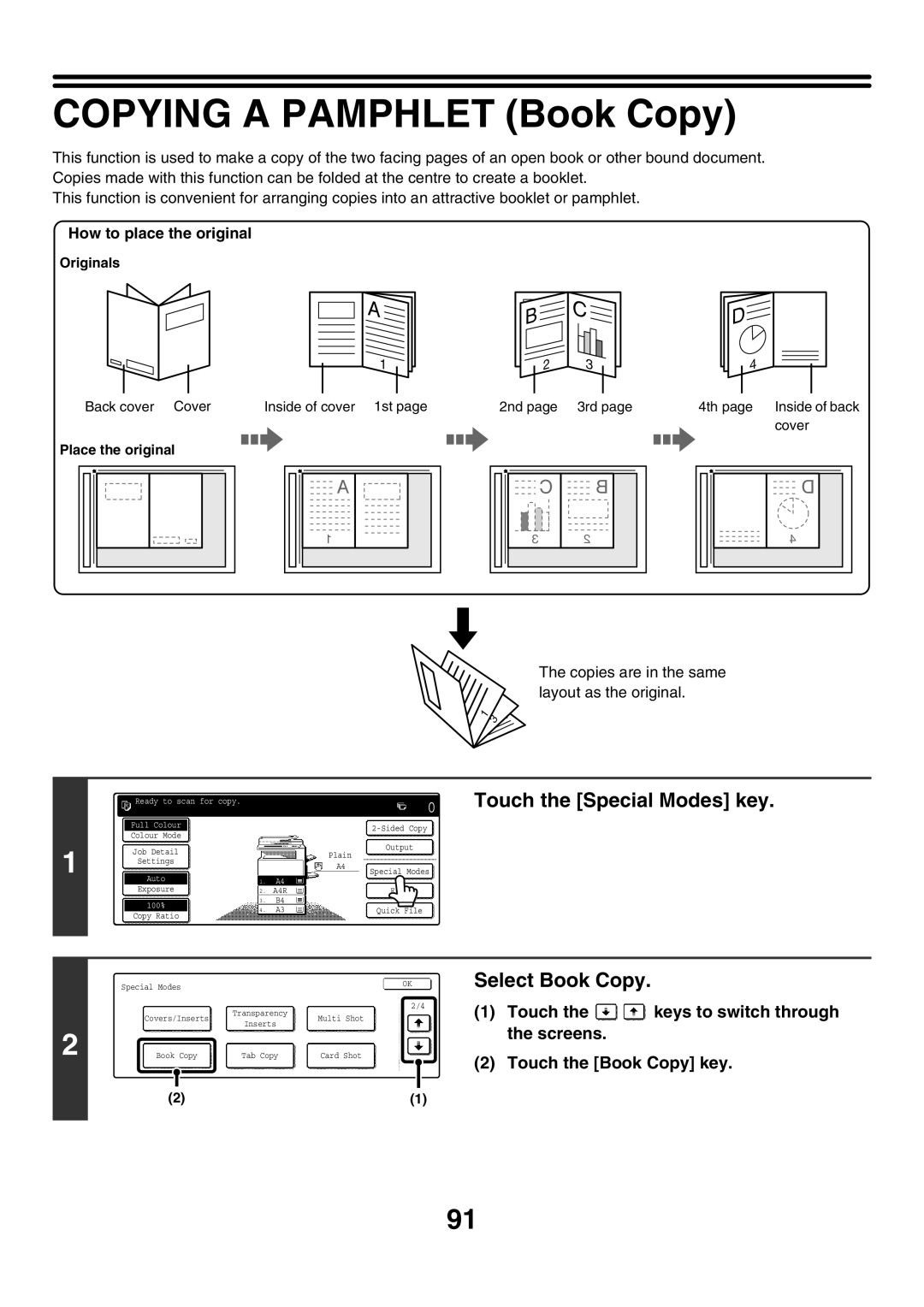 Sharp MX-2300N manual Copying a Pamphlet Book Copy, Select Book Copy, Touch the Book Copy key, How to place the original 