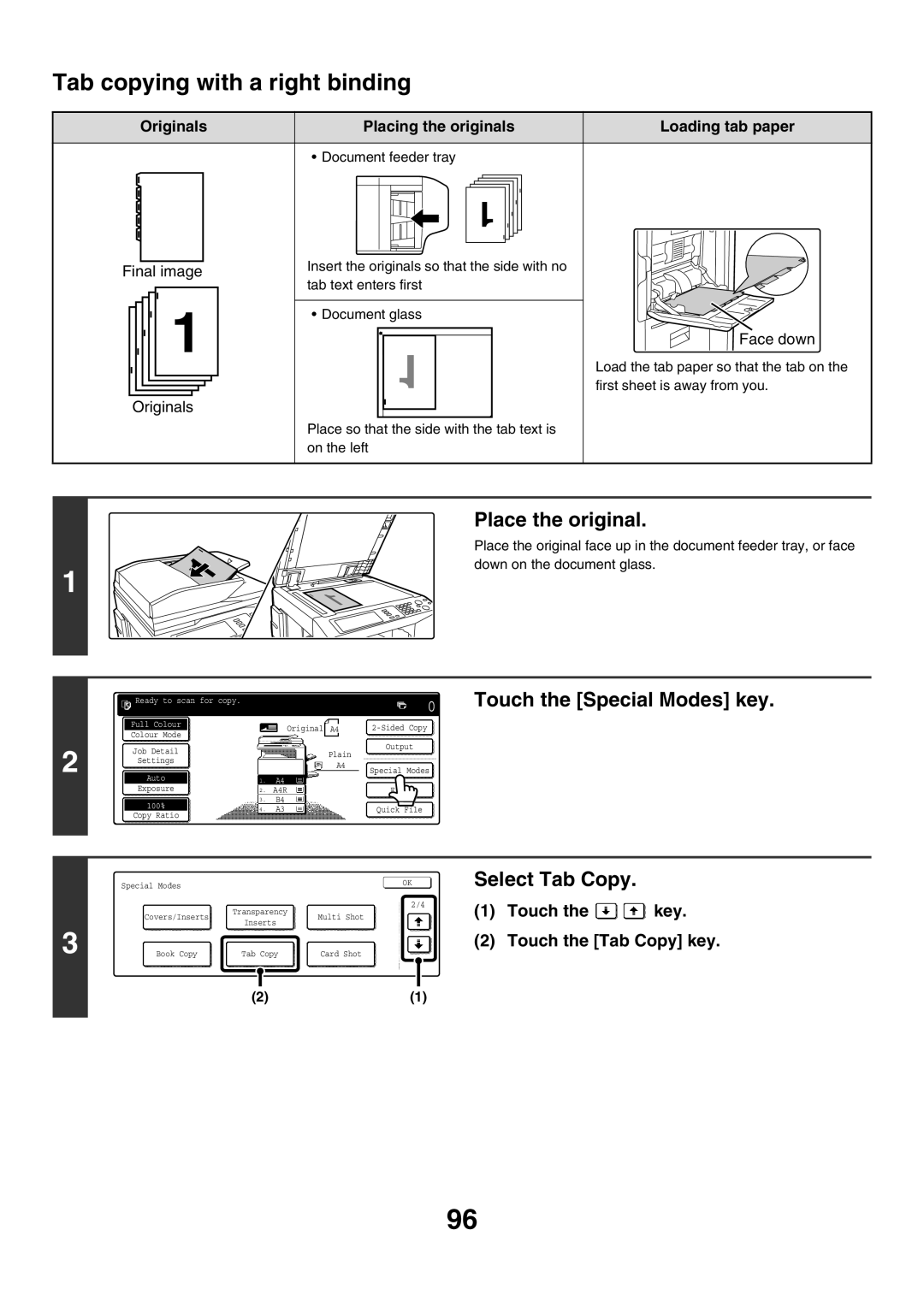 Sharp MX-2700N, MX-4501N, MX-2300G Tab copying with a right binding, Select Tab Copy, Touch the key Touch the Tab Copy key 