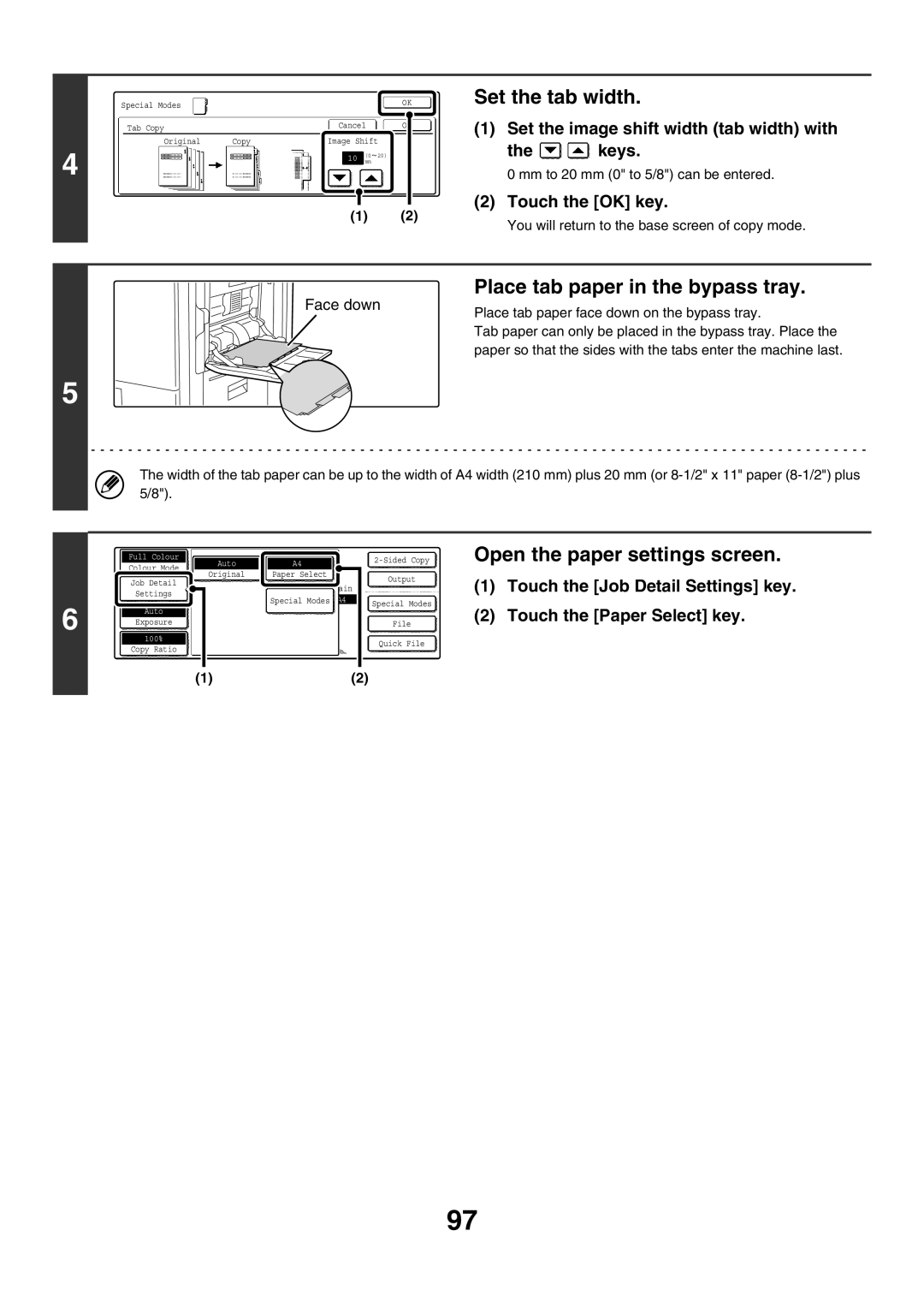 Sharp MX-2300G, MX-4501N Set the tab width, Place tab paper in the bypass tray, Set the image shift width tab width with 