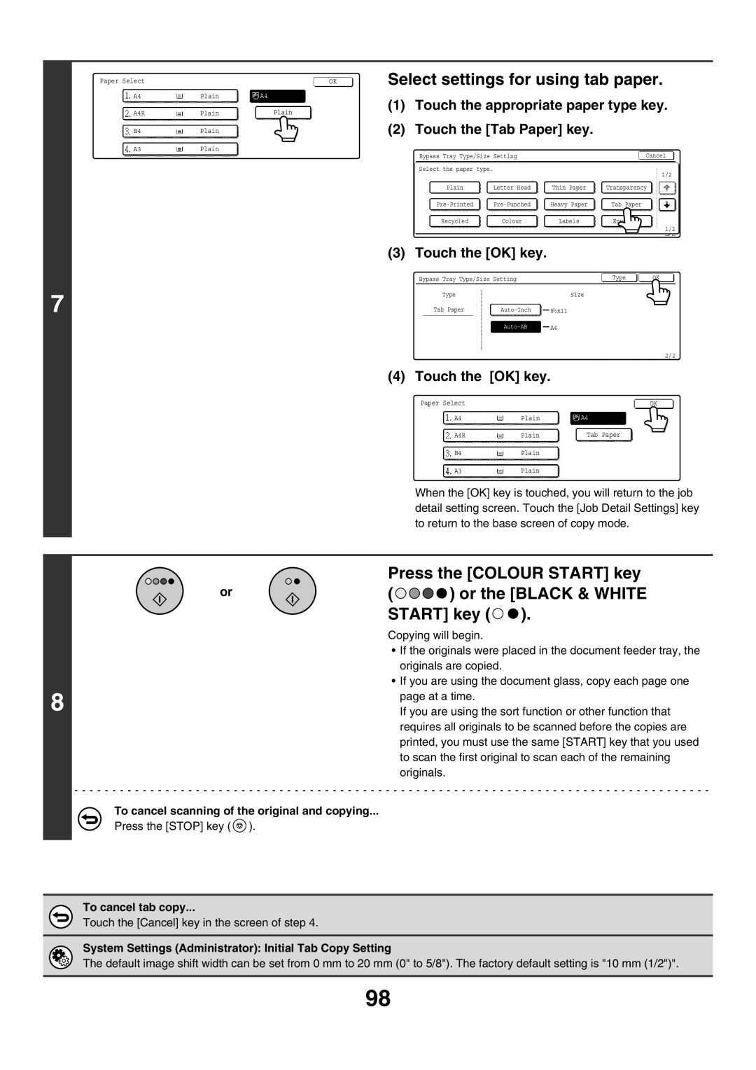 Sharp MX-3501N manual Select settings for using tab paper, Touch the appropriate paper type key, Touch the Tab Paper key 