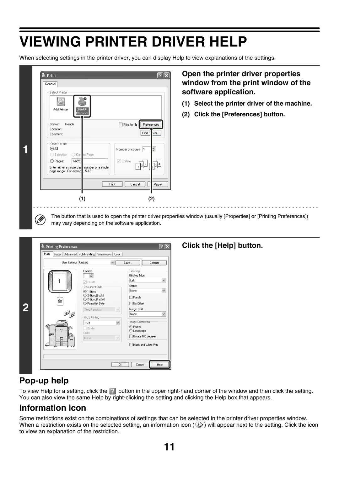 Sharp MX-2300N, MX-4501N, MX-2700N, MX-2300G, MX-3501N, MX-2700G, MX-3500N Viewing Printer Driver Help, Click the Help button 