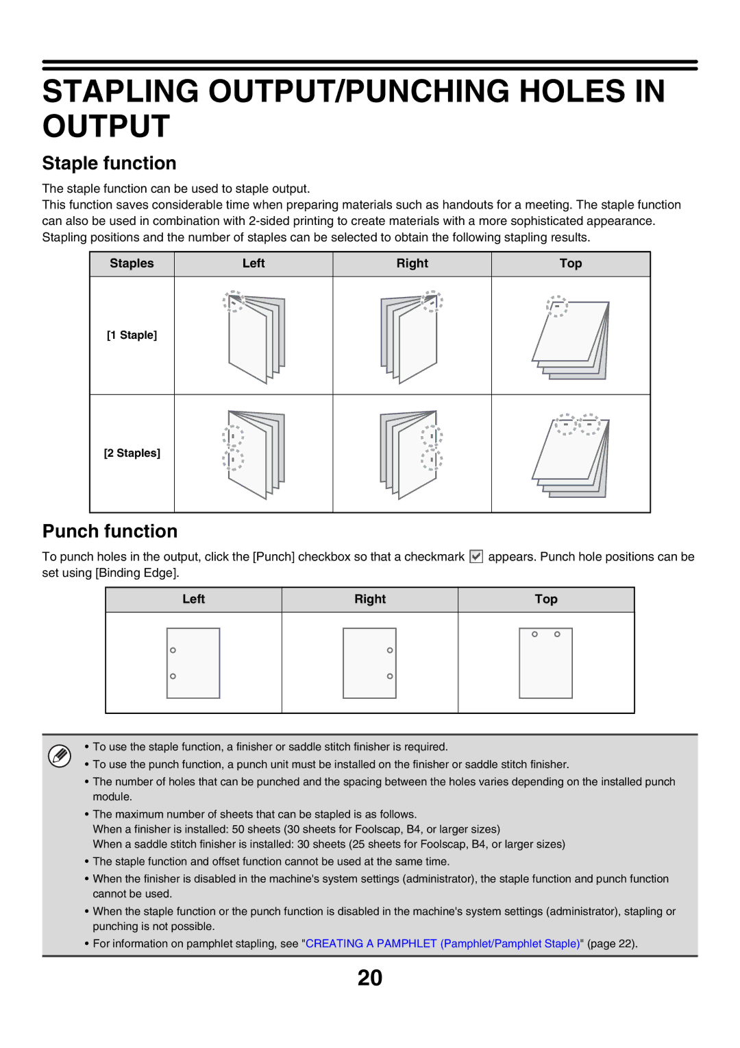 Sharp MX-2700G, MX-4501N, MX-2700N, MX-2300G, MX-3501N manual Stapling OUTPUT/PUNCHING Holes in Output, Staples Left Right Top 