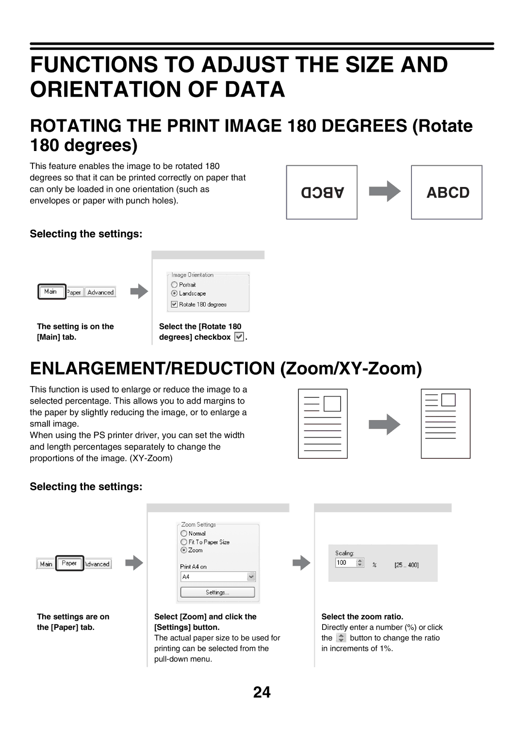 Sharp MX-2700N, MX-4501N, MX-2300G Functions to Adjust the Size and Orientation of Data, ENLARGEMENT/REDUCTION Zoom/XY-Zoom 