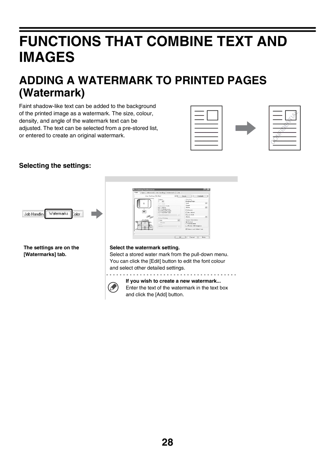 Sharp MX-2700G, MX-4501N, MX-2700N Functions That Combine Text and Images, Adding a Watermark to Printed Pages Watermark 