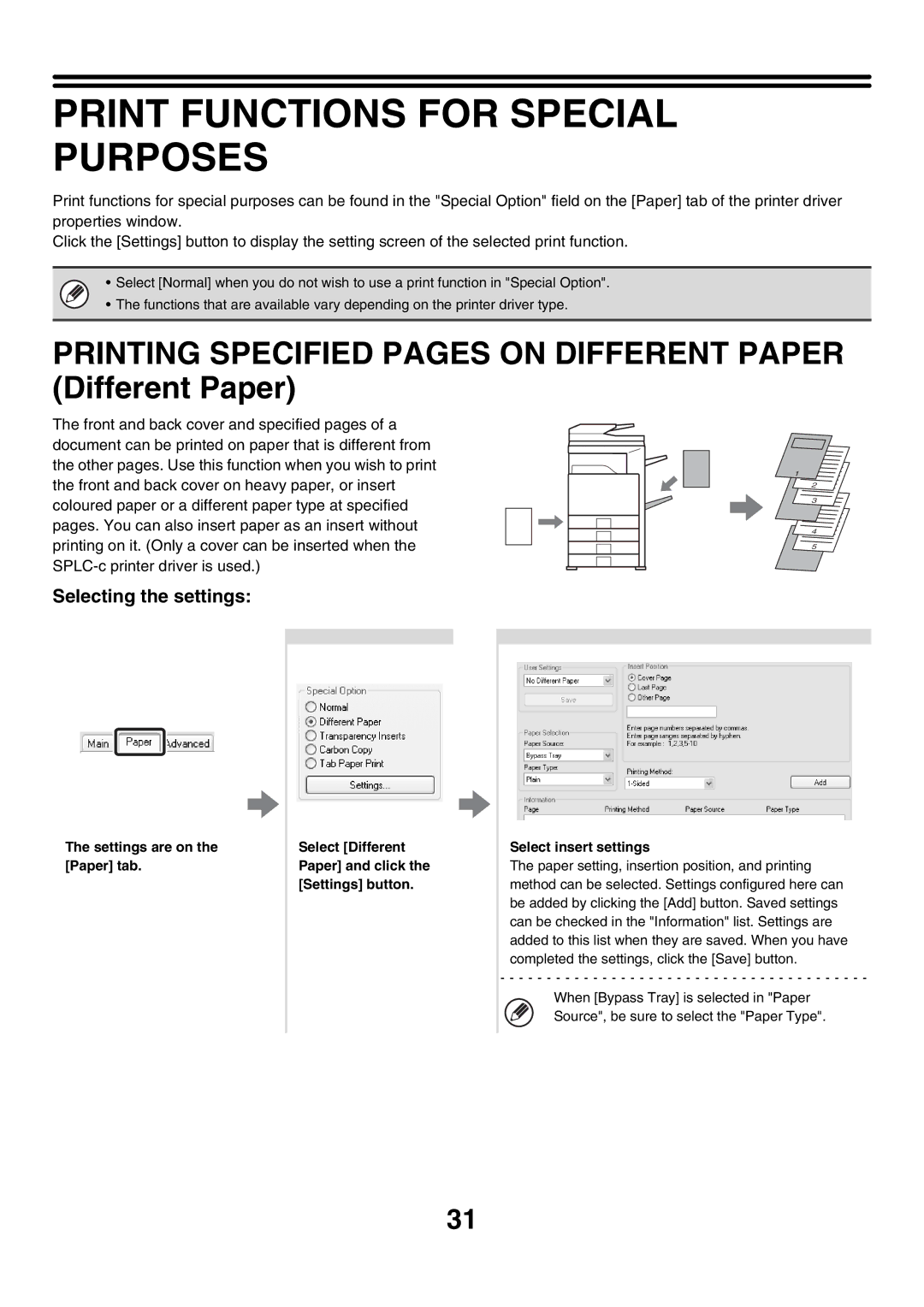 Sharp MX-4501N, MX-2700N Print Functions for Special Purposes, Printing Specified Pages on Different Paper Different Paper 