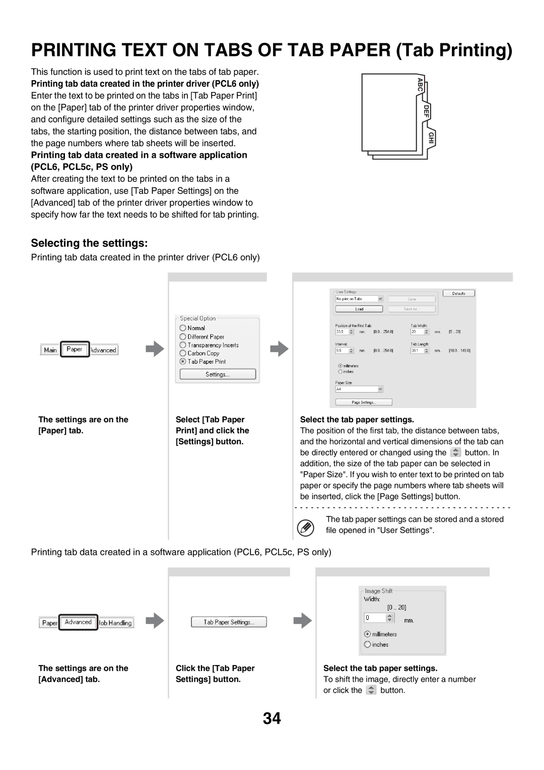 Sharp MX-3501N Printing Text on Tabs of TAB Paper Tab Printing, Printing tab data created in the printer driver PCL6 only 