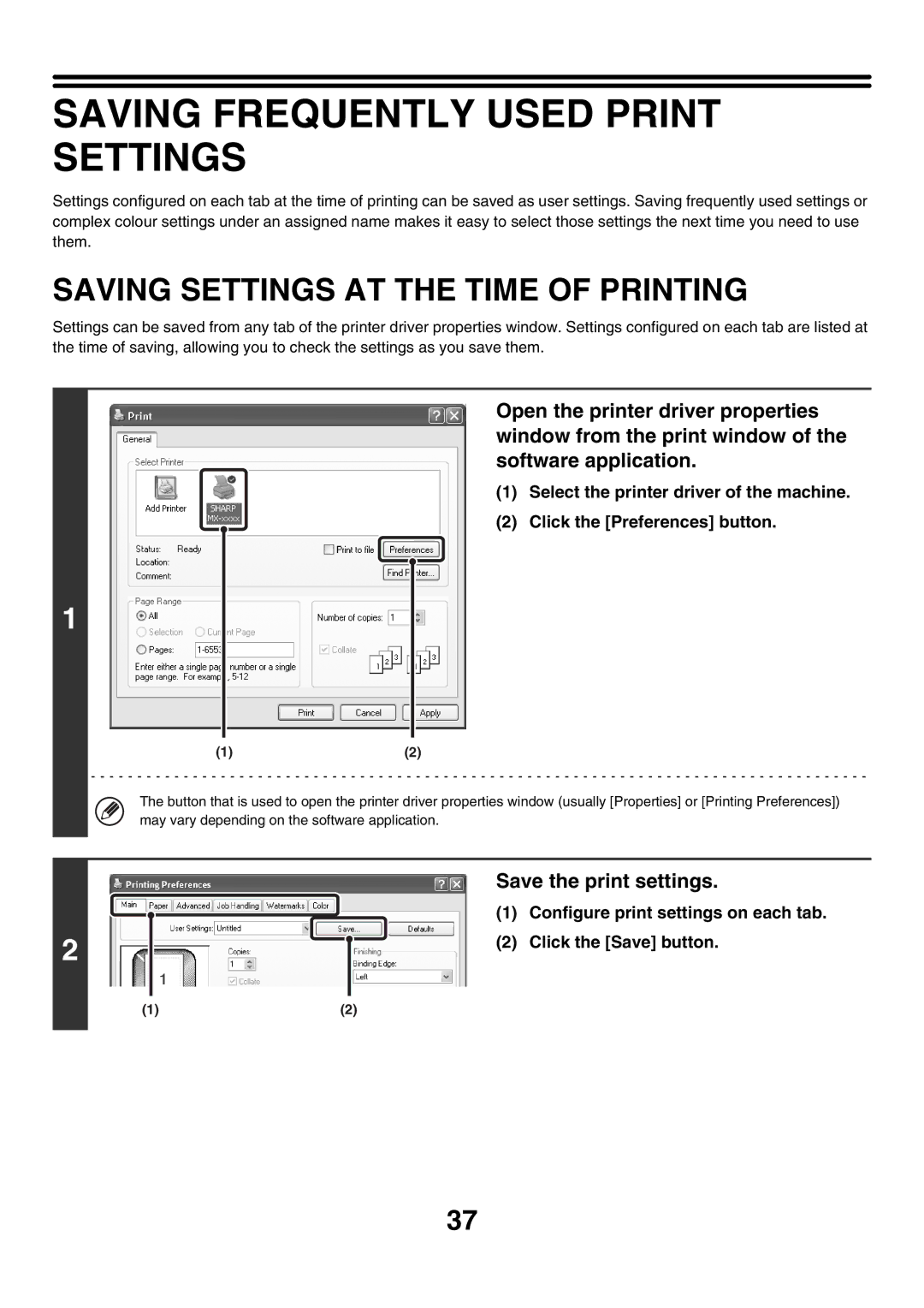 Sharp MX-3500N Saving Frequently Used Print Settings, Saving Settings AT the Time of Printing, Save the print settings 