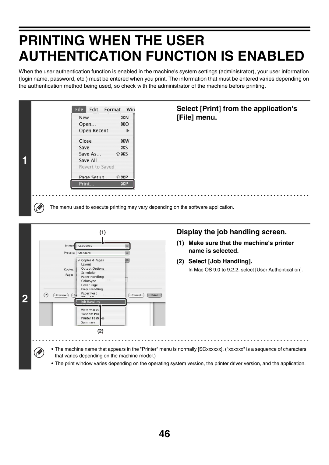 Sharp MX-4500N, MX-4501N, MX-2700N, MX-2300G Select Print from the applications File menu, Display the job handling screen 