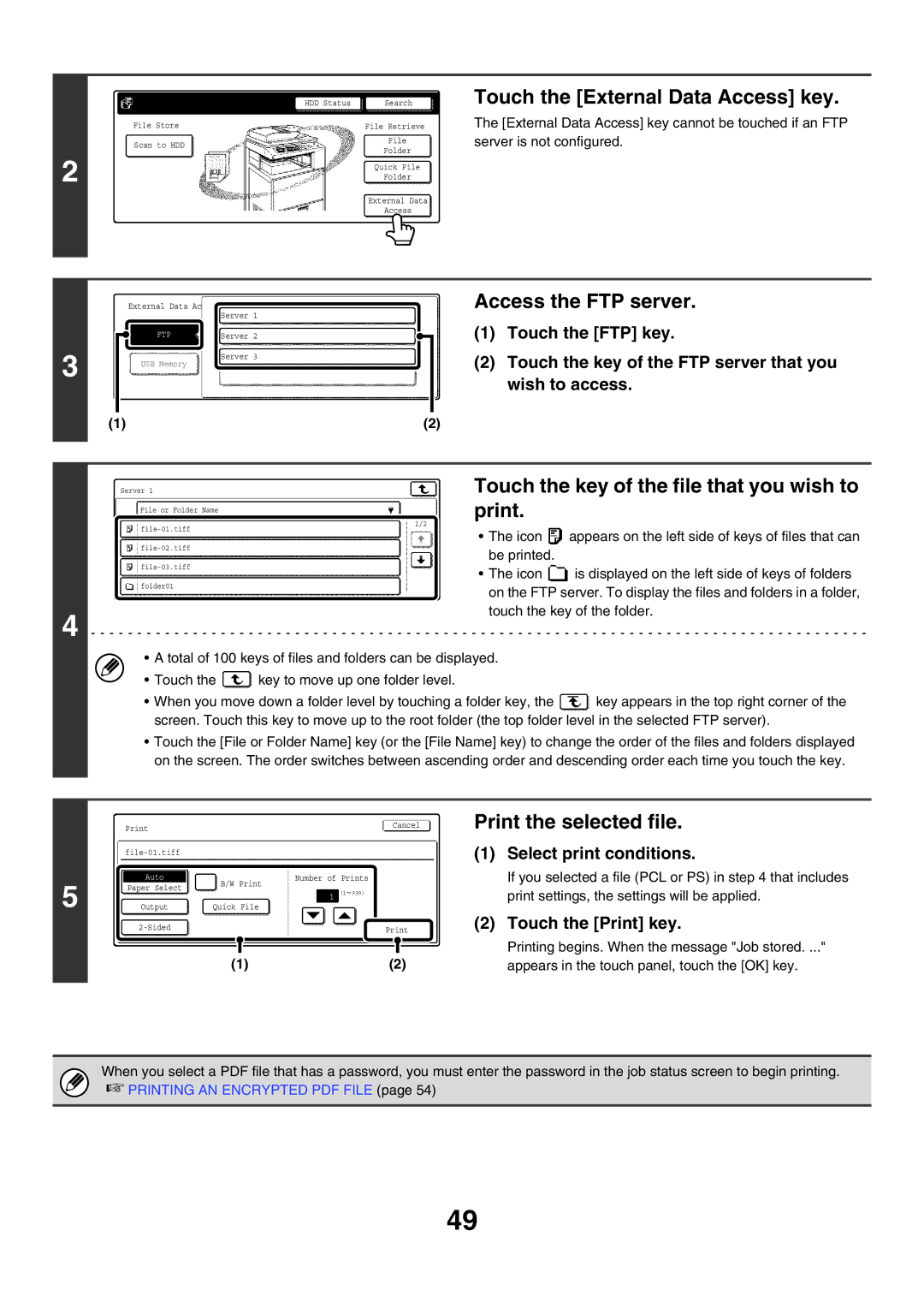 Sharp MX-2300G Touch the External Data Access key, Access the FTP server, Touch the key of the file that you wish to print 