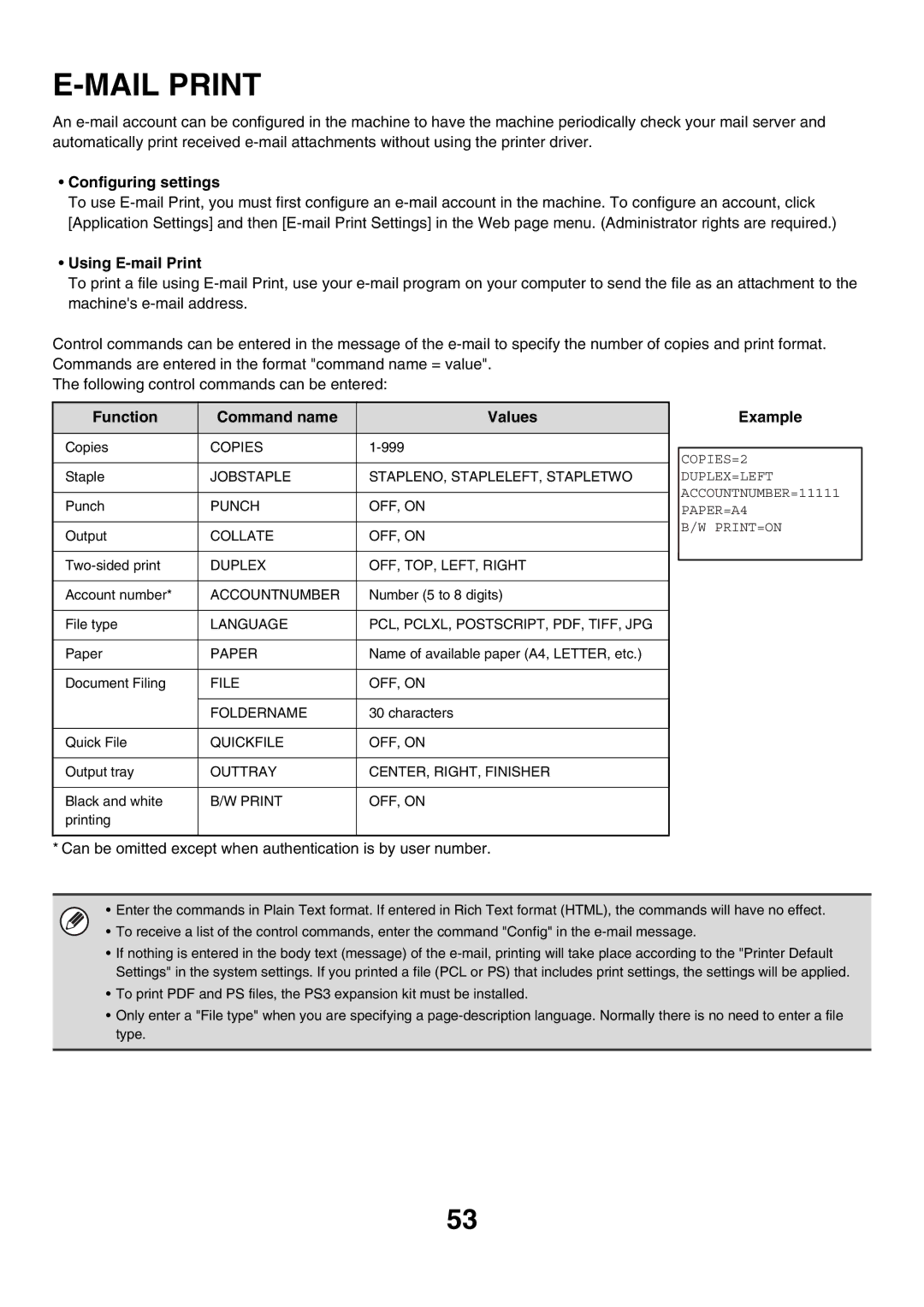 Sharp MX-3500N, MX-4501N, MX-2700N, MX-2300G, MX-3501N Mail Print, Using E-mail Print, Function Command name Values Example 