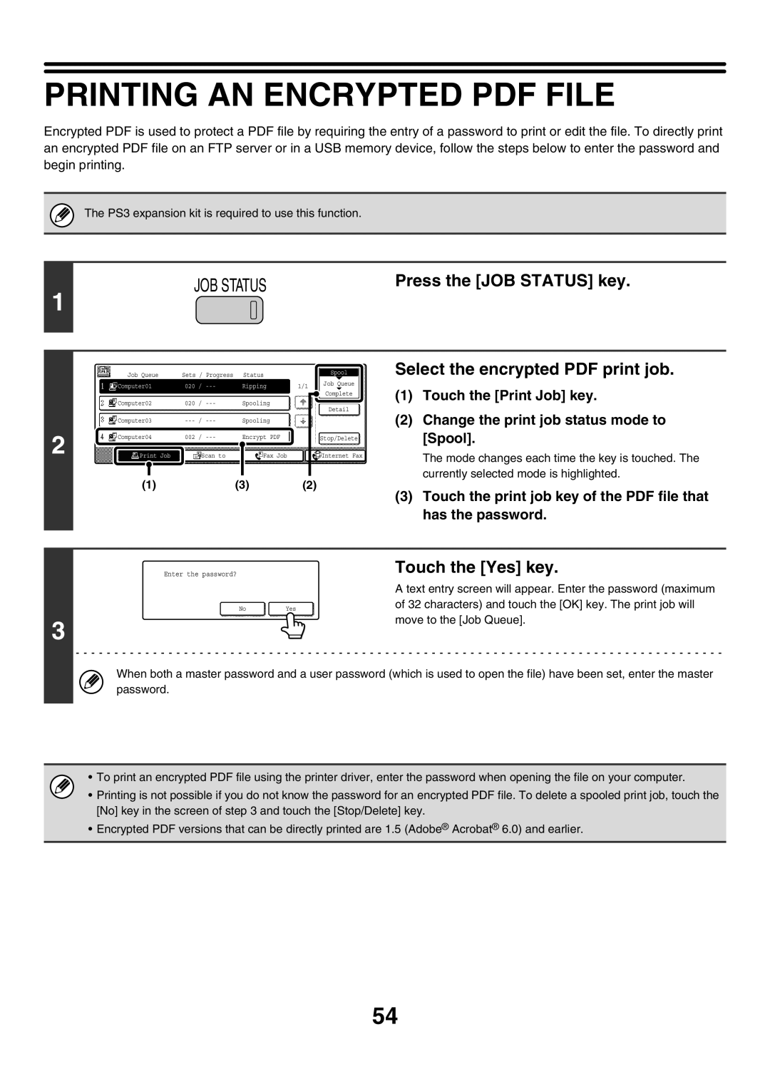 Sharp MX-4500N, MX-4501N, MX-2700N, MX-2300G, MX-3501N, MX-2300N, MX-2700G, MX-3500N Press the JOB Status key, Touch the Yes key 